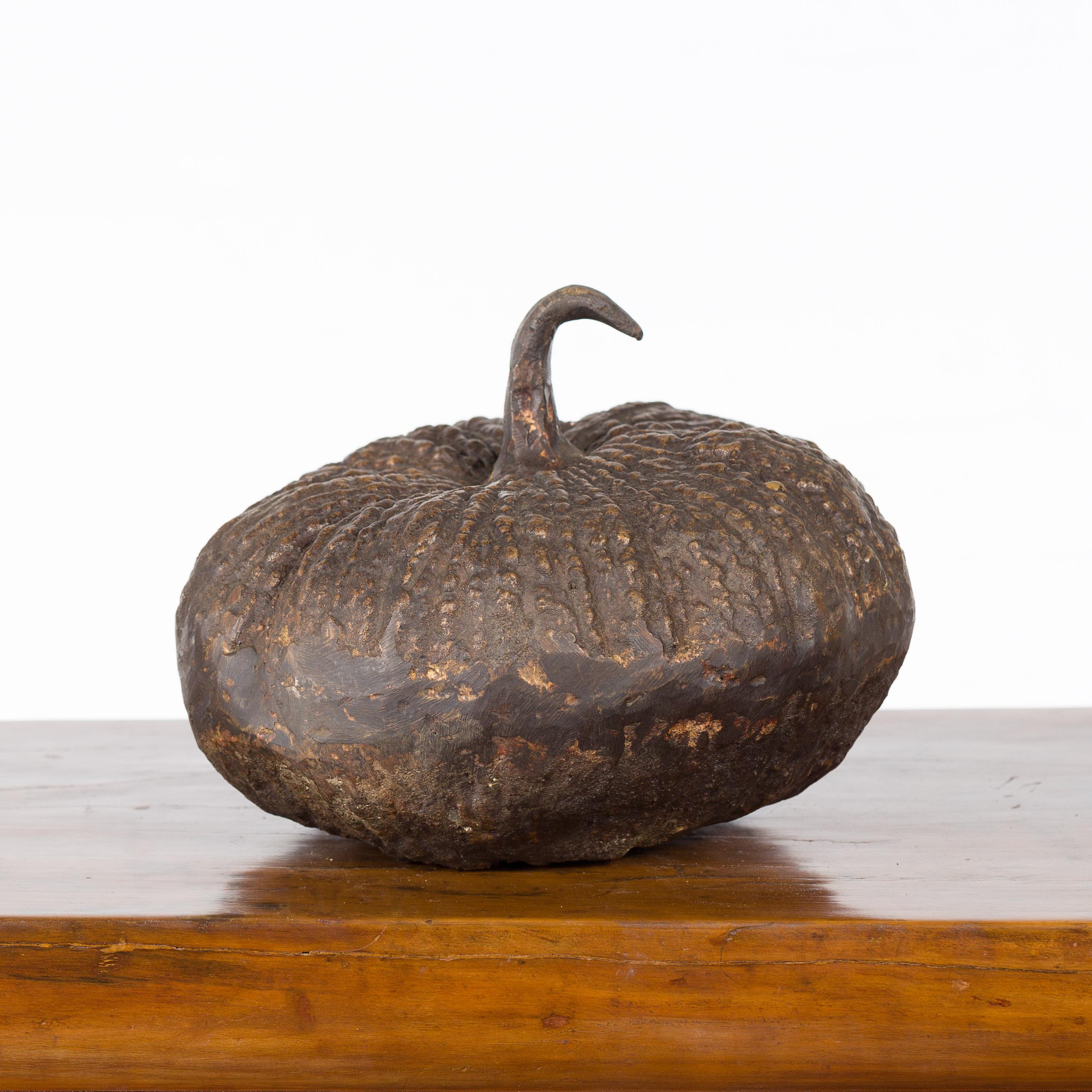 Contemporary Lost Wax Bronze Pumpkin Sculpture with Rustic Patina For Sale 2