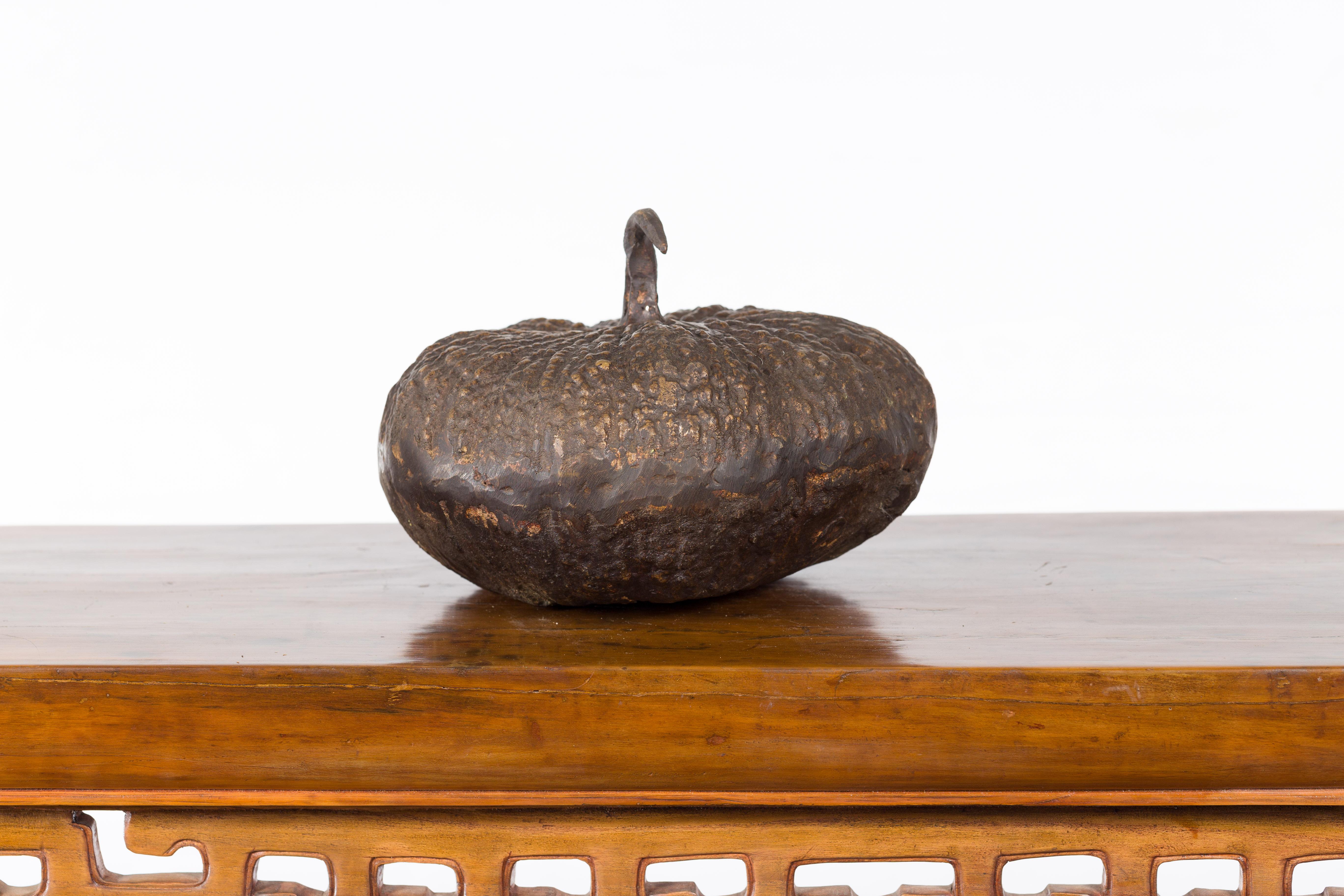 Contemporary Lost Wax Bronze Pumpkin Sculpture with Rustic Patina For Sale 3