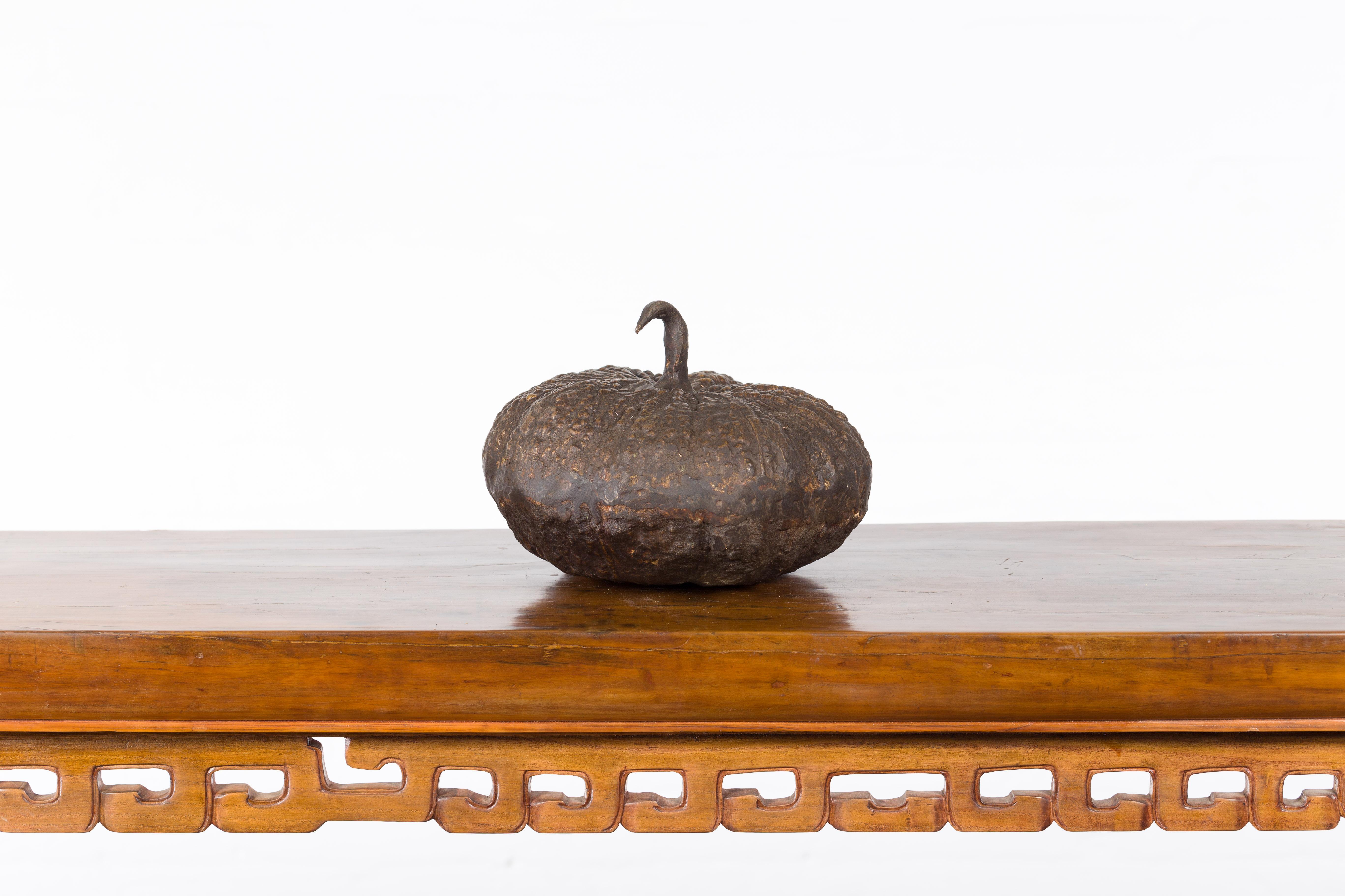 Contemporary Lost Wax Bronze Pumpkin Sculpture with Rustic Patina For Sale 4