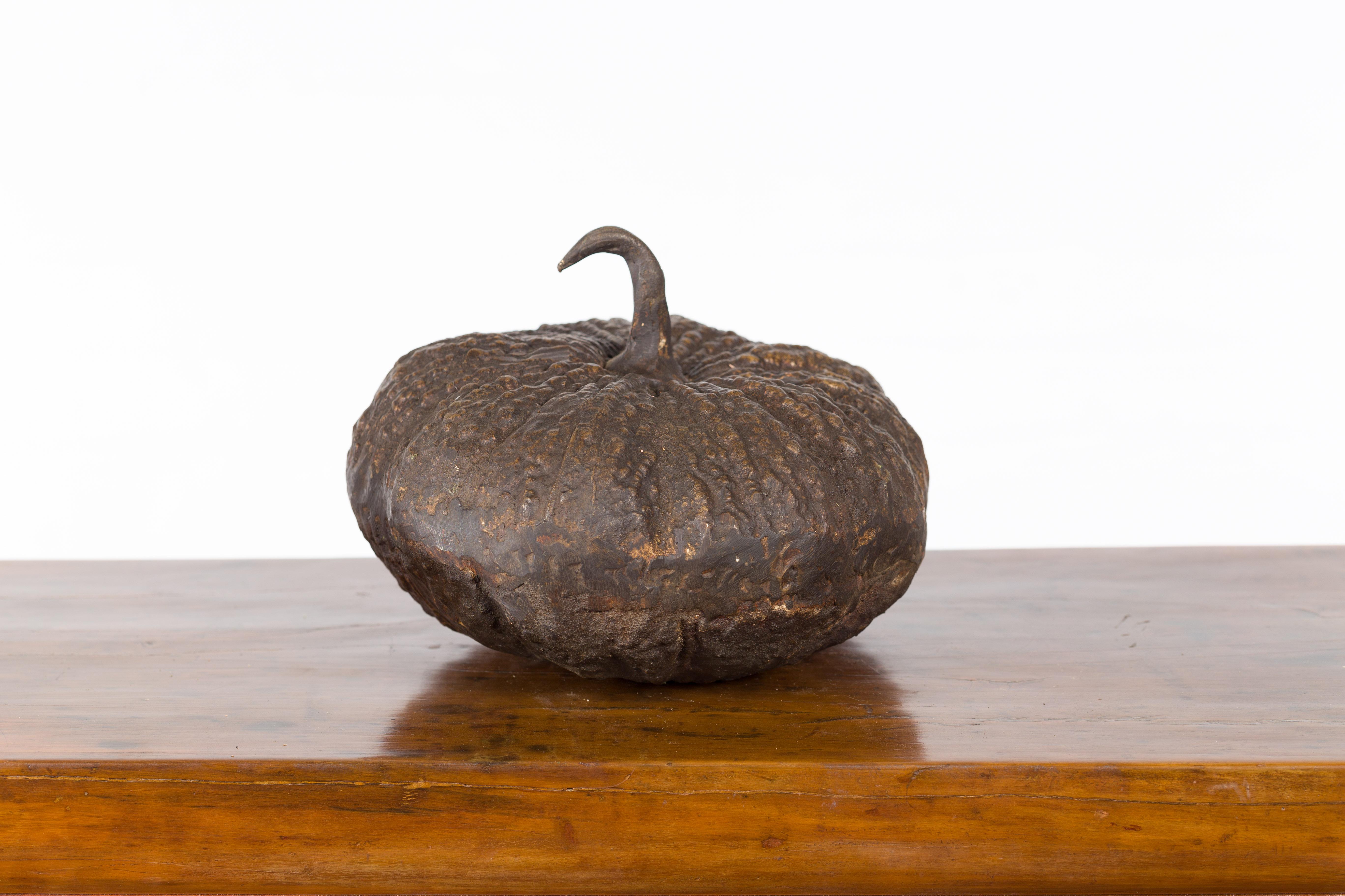 Contemporary Lost Wax Bronze Pumpkin Sculpture with Rustic Patina For Sale 5
