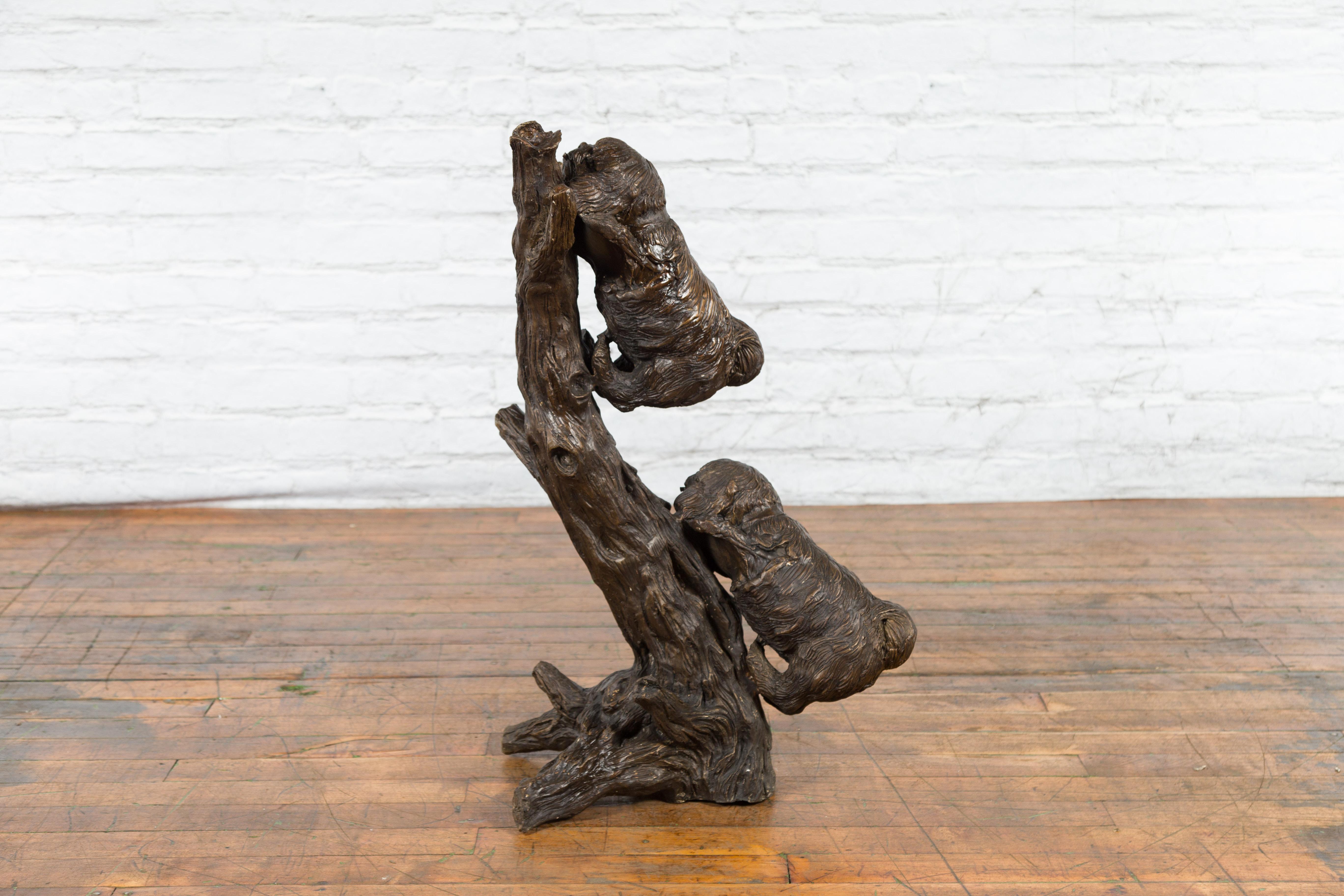 Contemporary Lost Wax Bronze Sculpted Group of Two Dogs Climbing Up a Tree For Sale 5