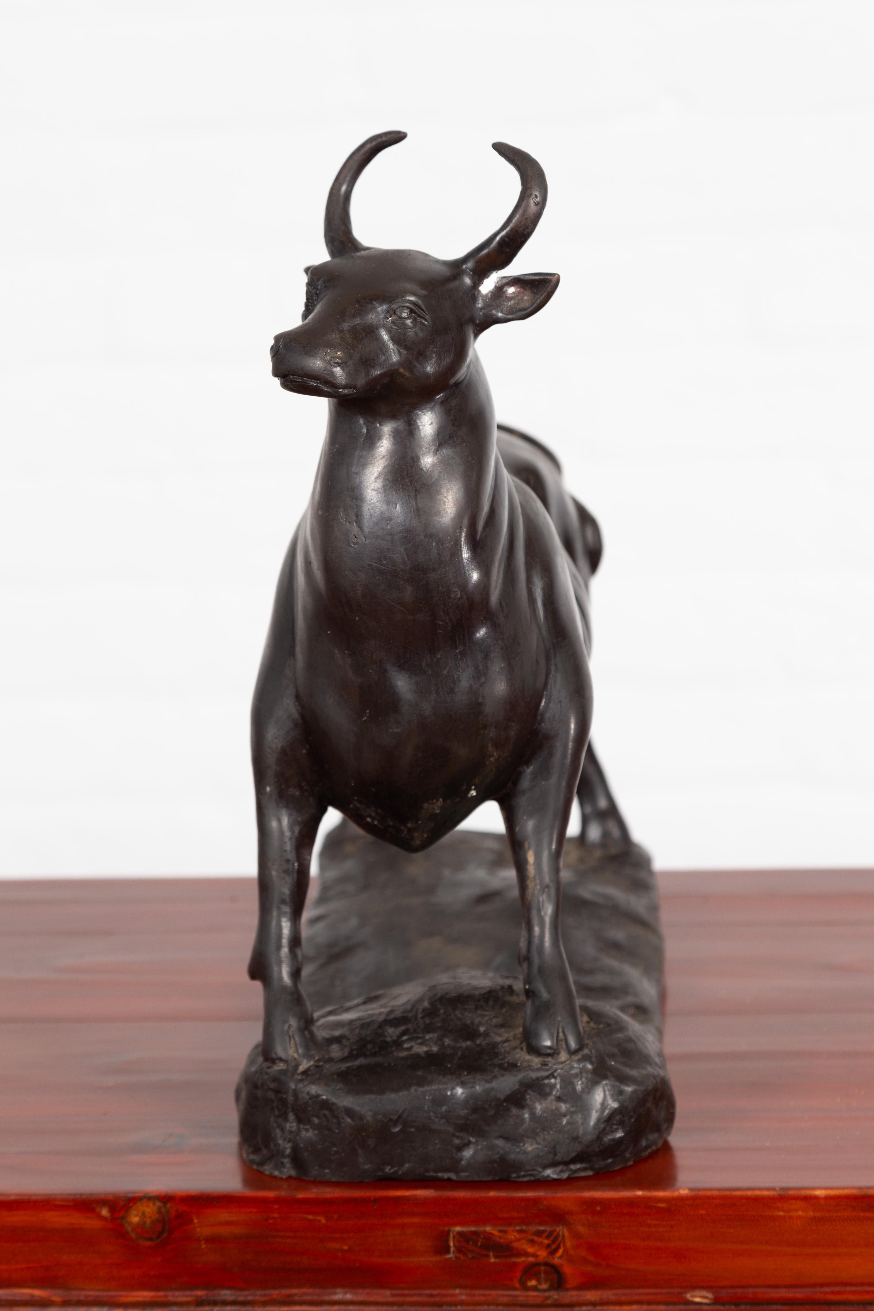 Contemporary Lost Wax Bronze Sculpture Depicting a Bull with Dark Patina For Sale 4