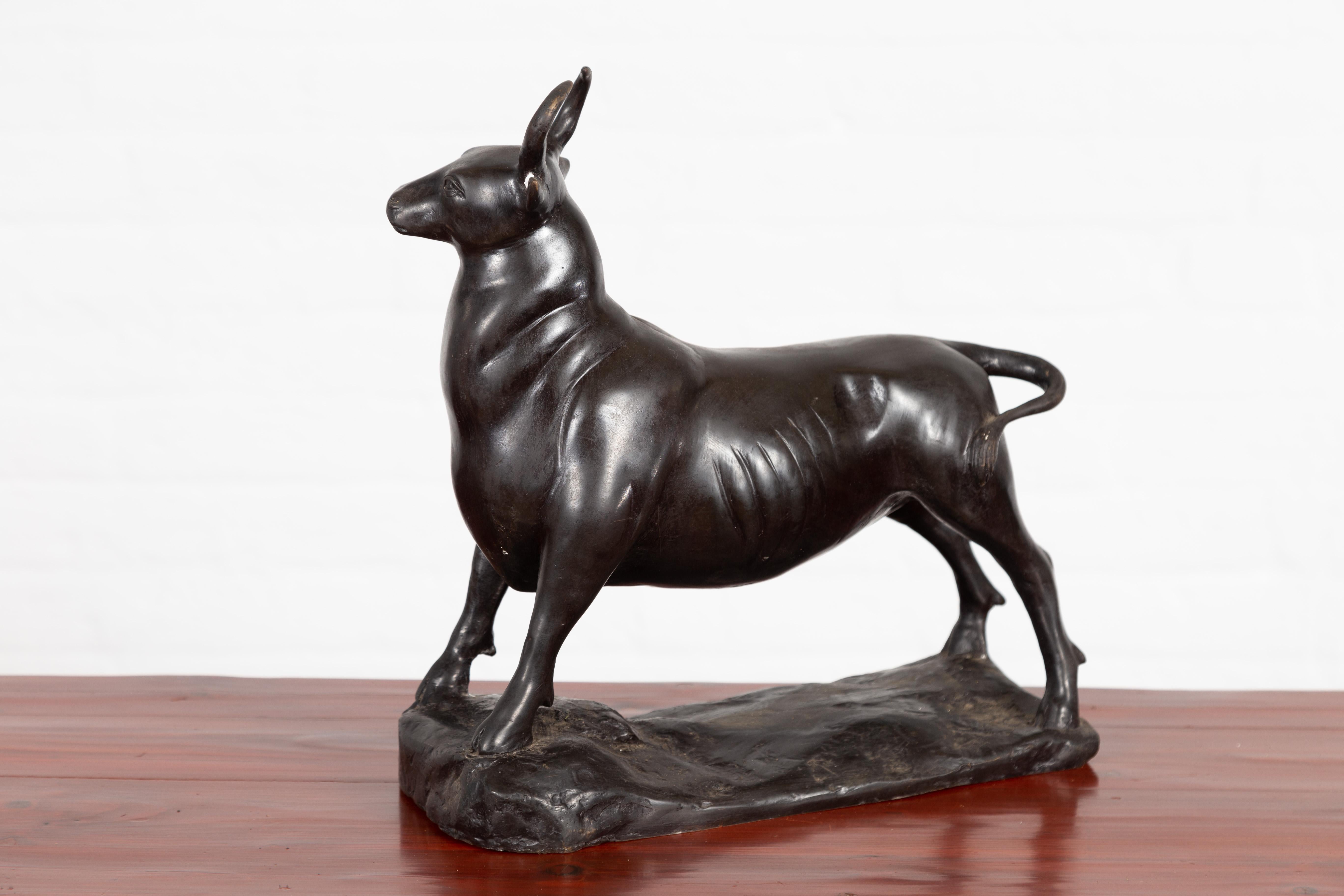 Contemporary Lost Wax Bronze Sculpture Depicting a Bull with Dark Patina For Sale 5