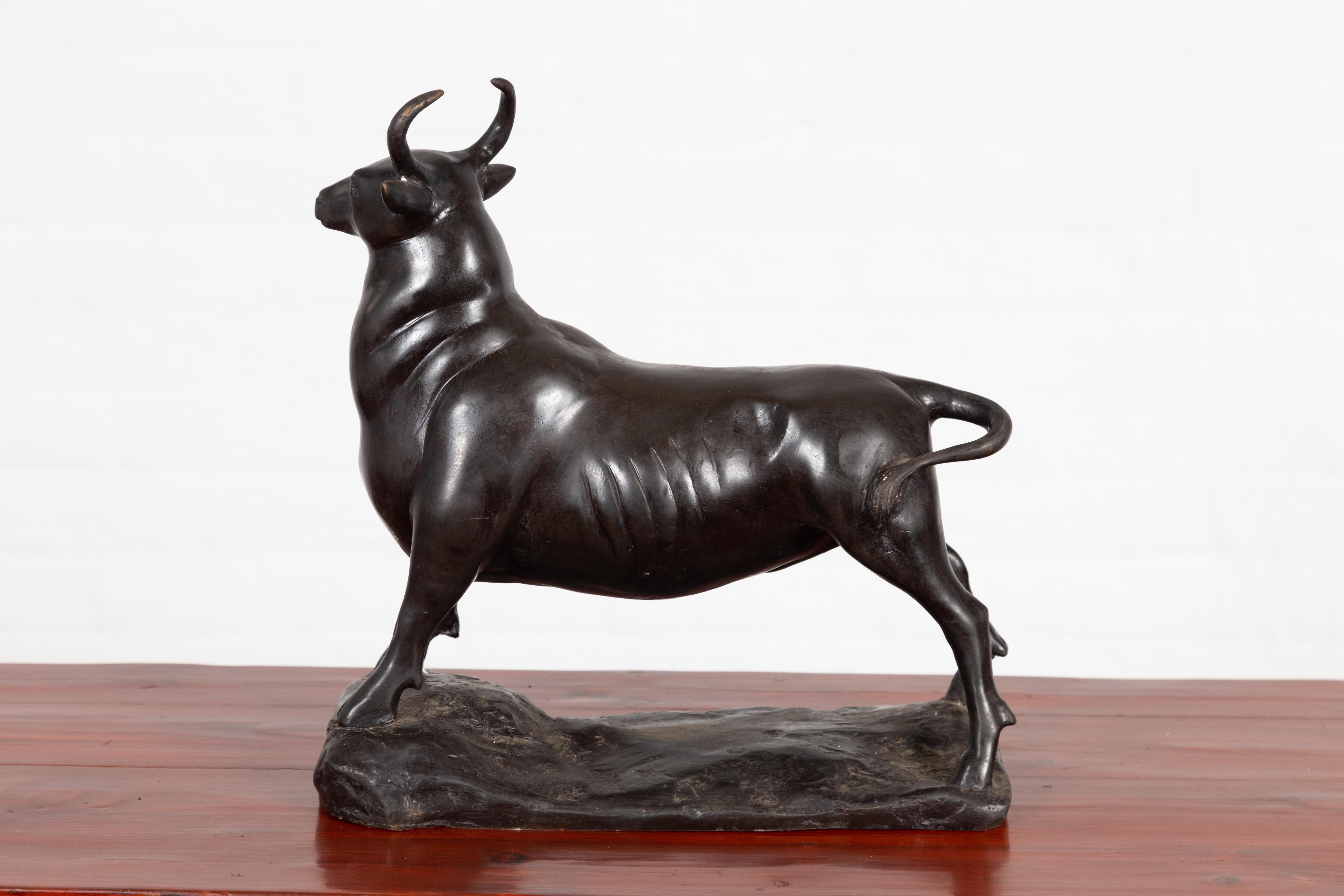 Contemporary Lost Wax Bronze Sculpture Depicting a Bull with Dark Patina For Sale 6
