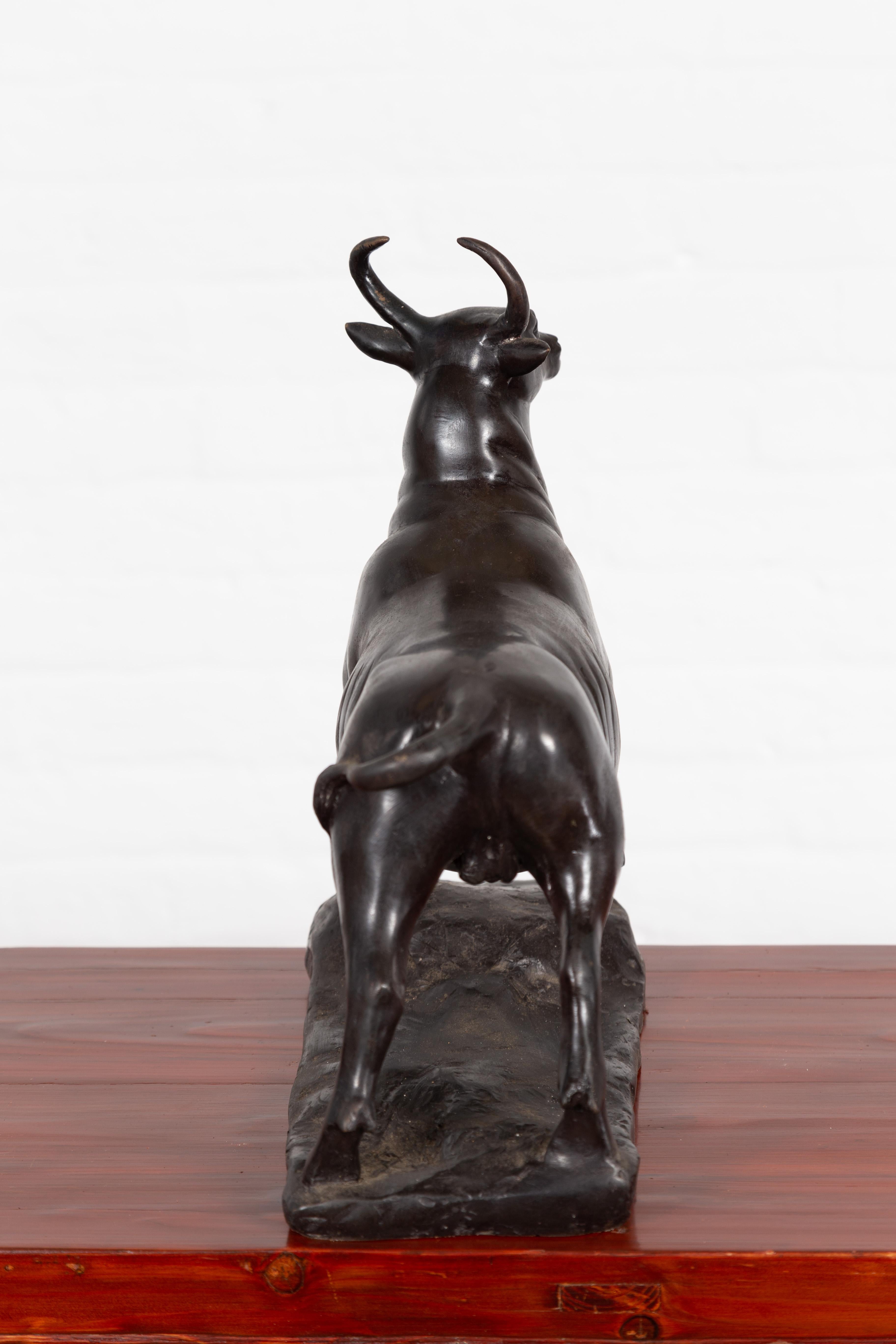 Contemporary Lost Wax Bronze Sculpture Depicting a Bull with Dark Patina For Sale 7