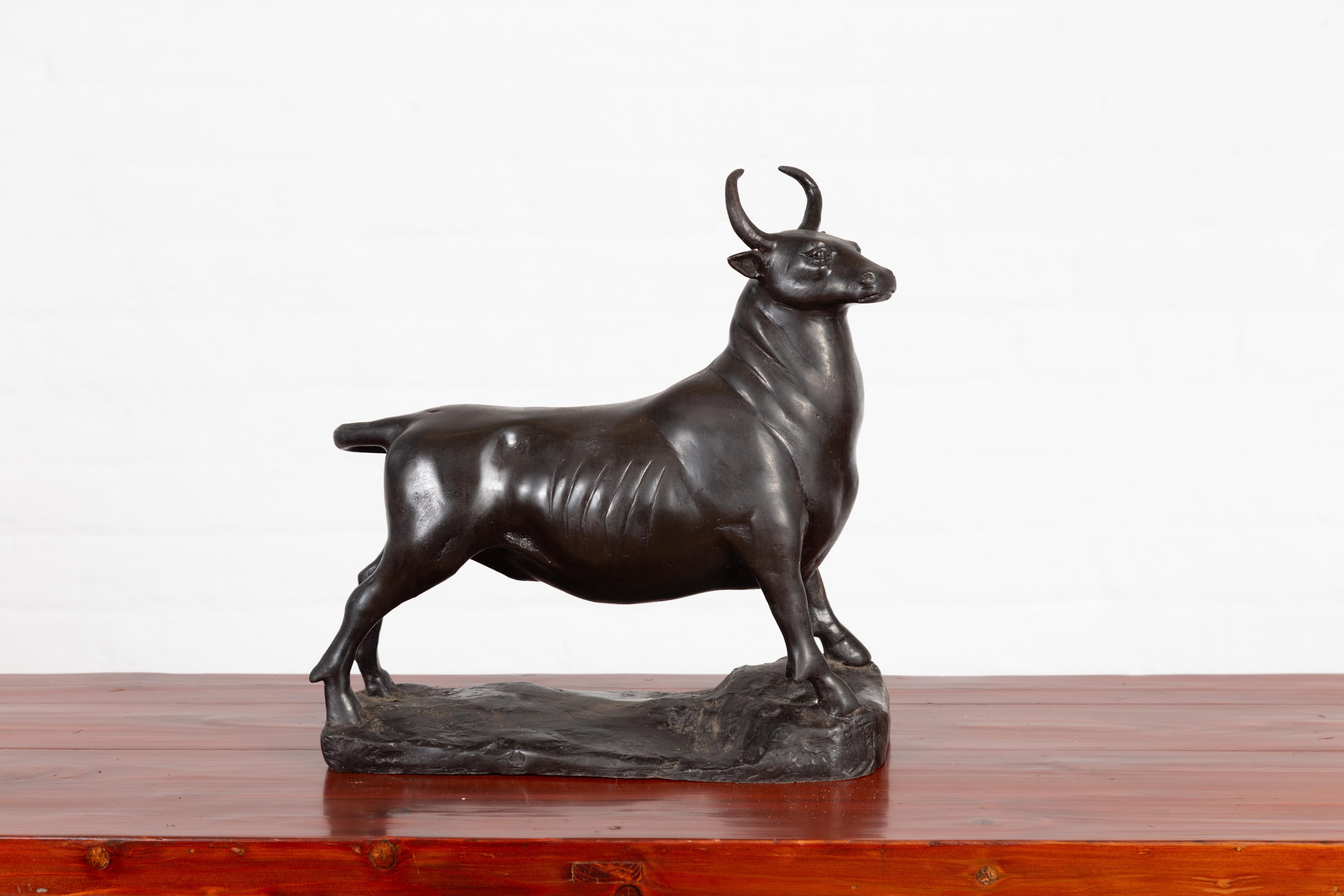 Cast Contemporary Lost Wax Bronze Sculpture Depicting a Bull with Dark Patina For Sale