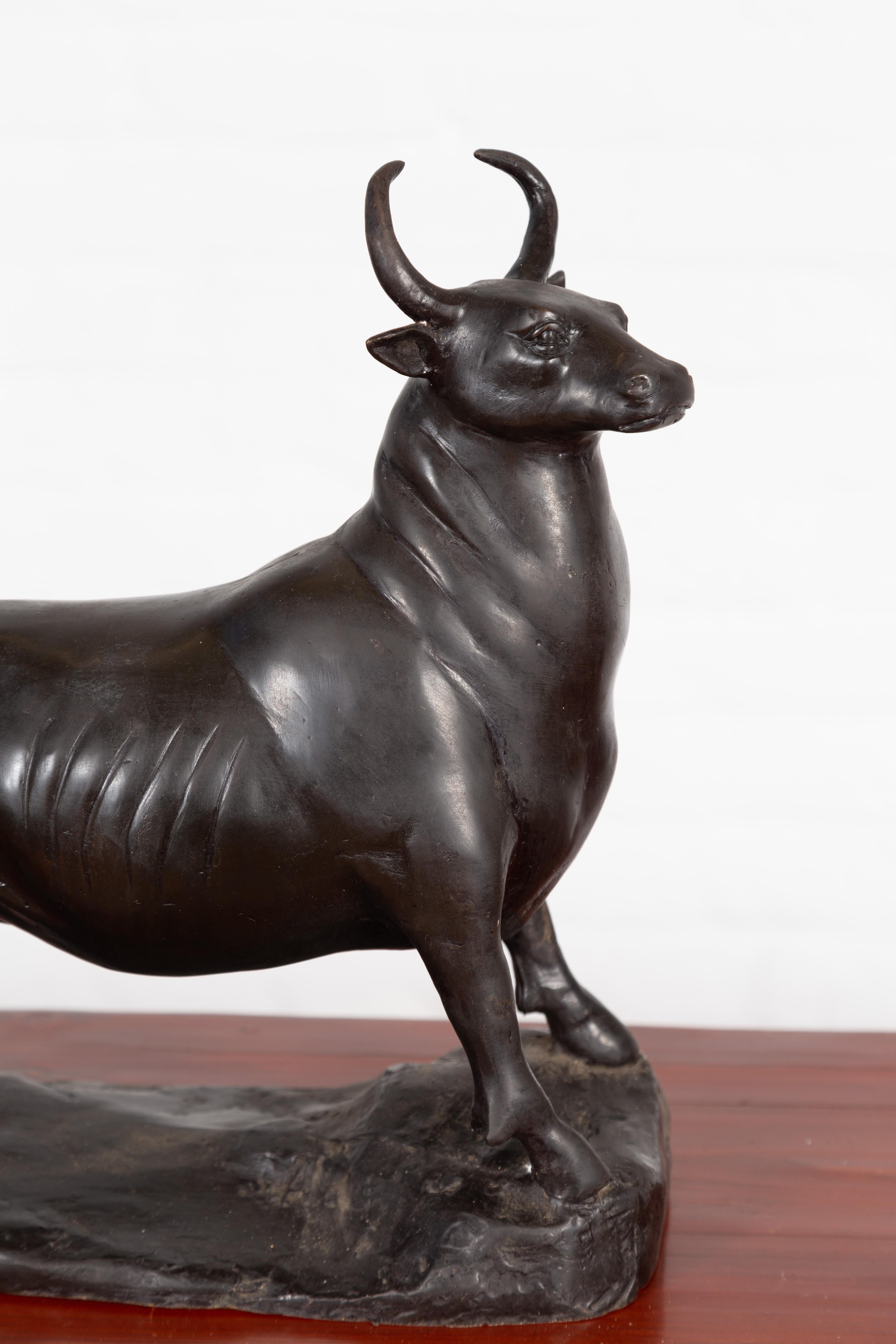 Contemporary Lost Wax Bronze Sculpture Depicting a Bull with Dark Patina In Good Condition For Sale In Yonkers, NY