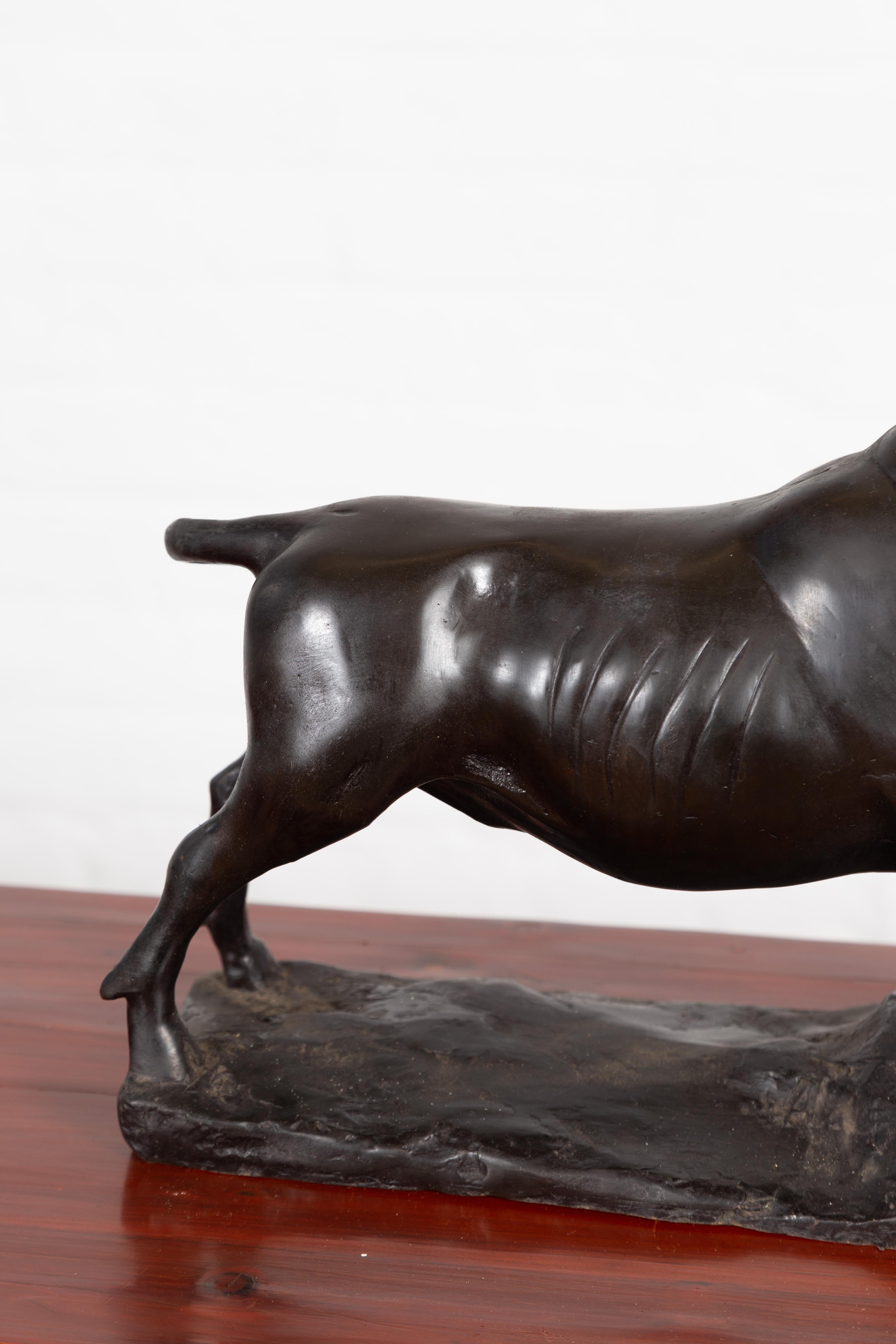 Contemporary Lost Wax Bronze Sculpture Depicting a Bull with Dark Patina For Sale 1