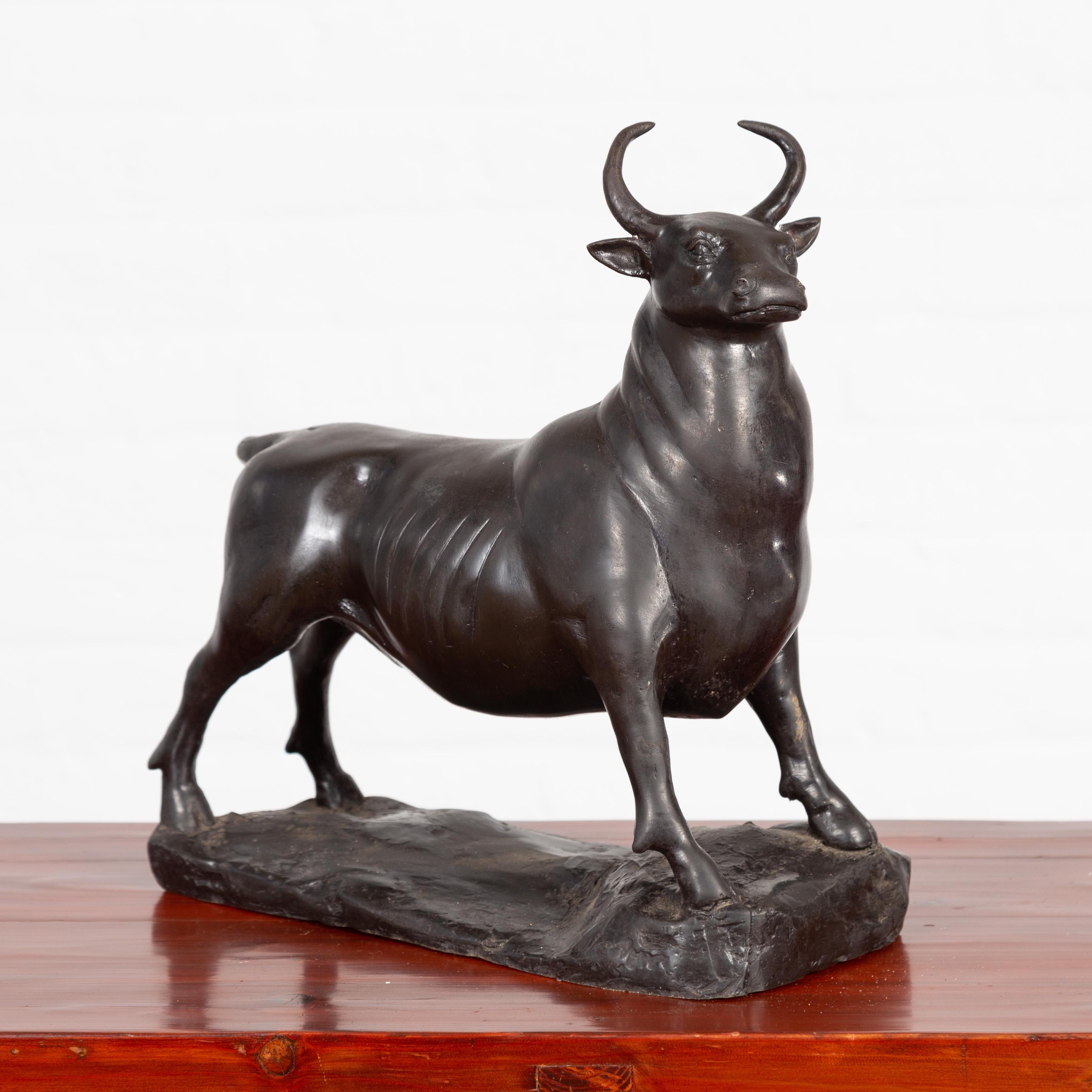 Contemporary Lost Wax Bronze Sculpture Depicting a Bull with Dark Patina For Sale 2