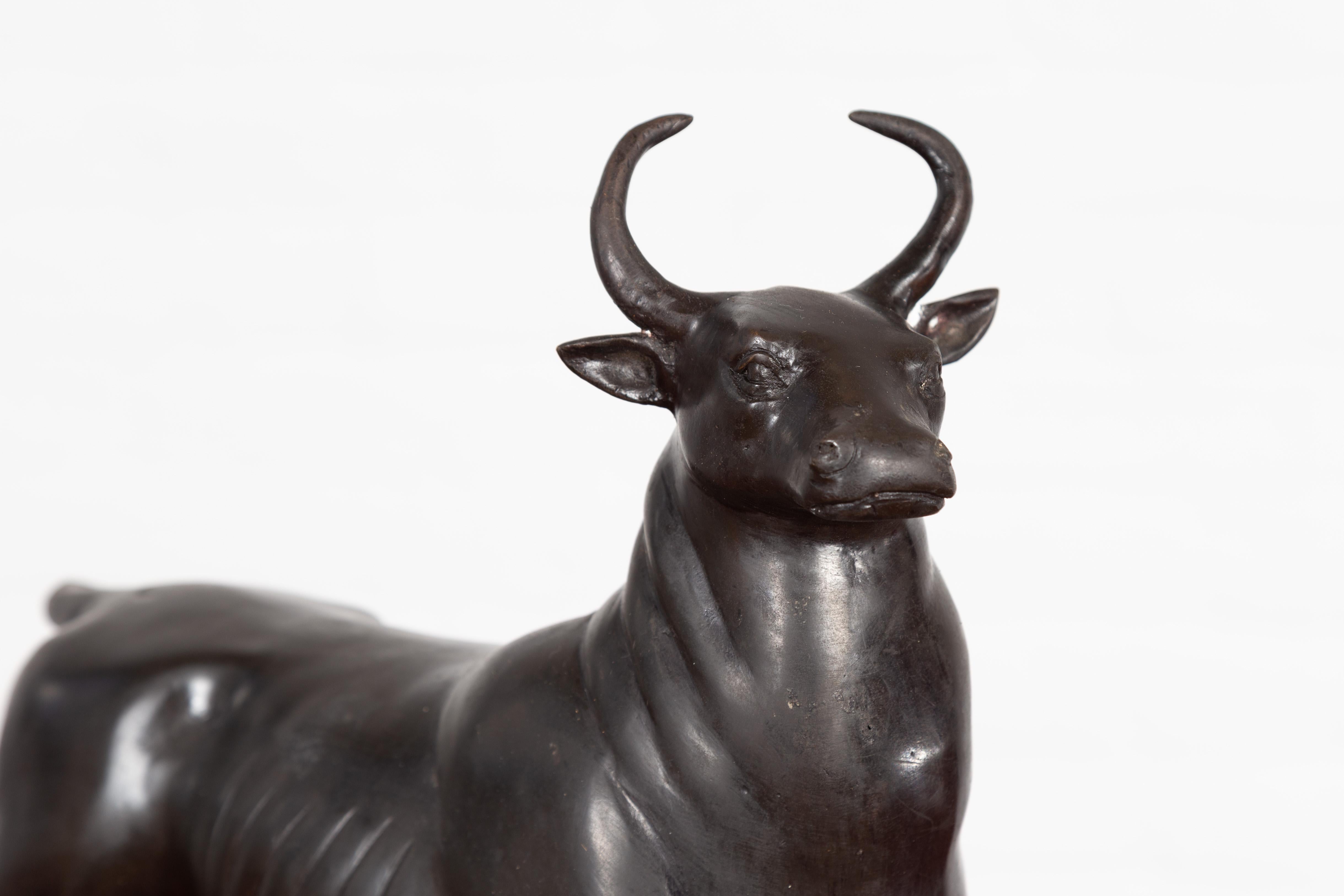 Contemporary Lost Wax Bronze Sculpture Depicting a Bull with Dark Patina For Sale 3