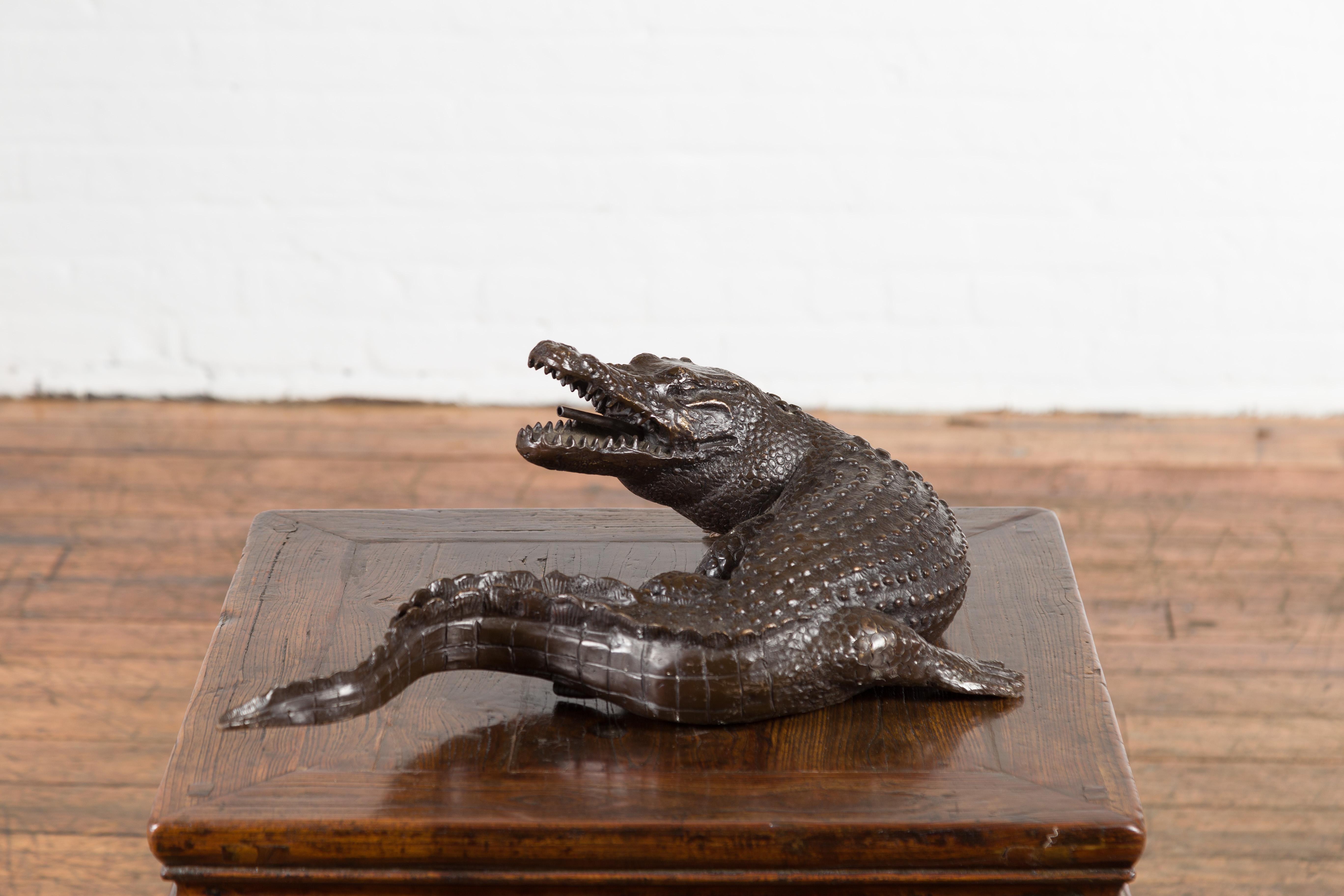 Tabletop Bronze Alligator Statue with Textured Scales For Sale 3