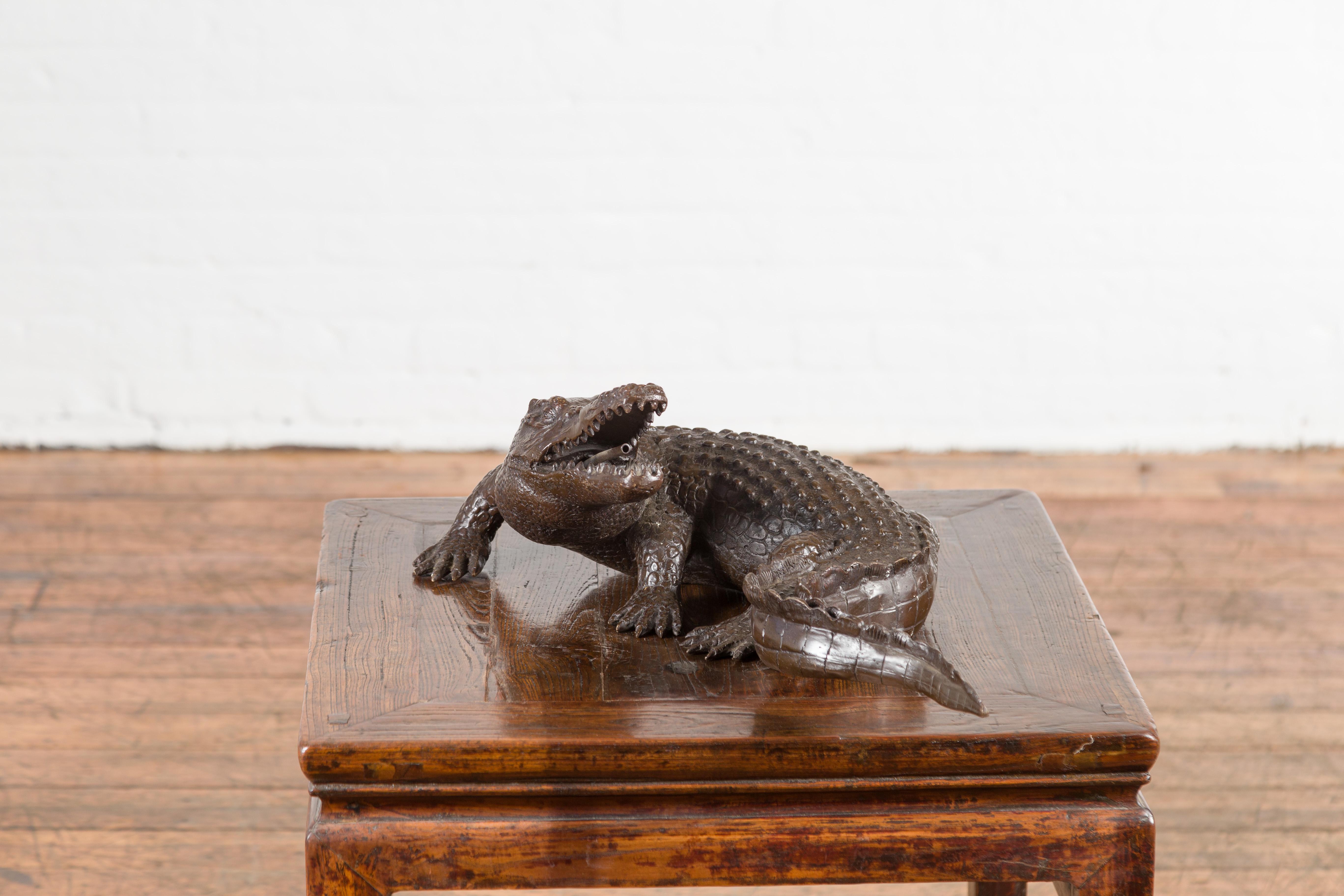 Tabletop Bronze Alligator Statue with Textured Scales For Sale 4