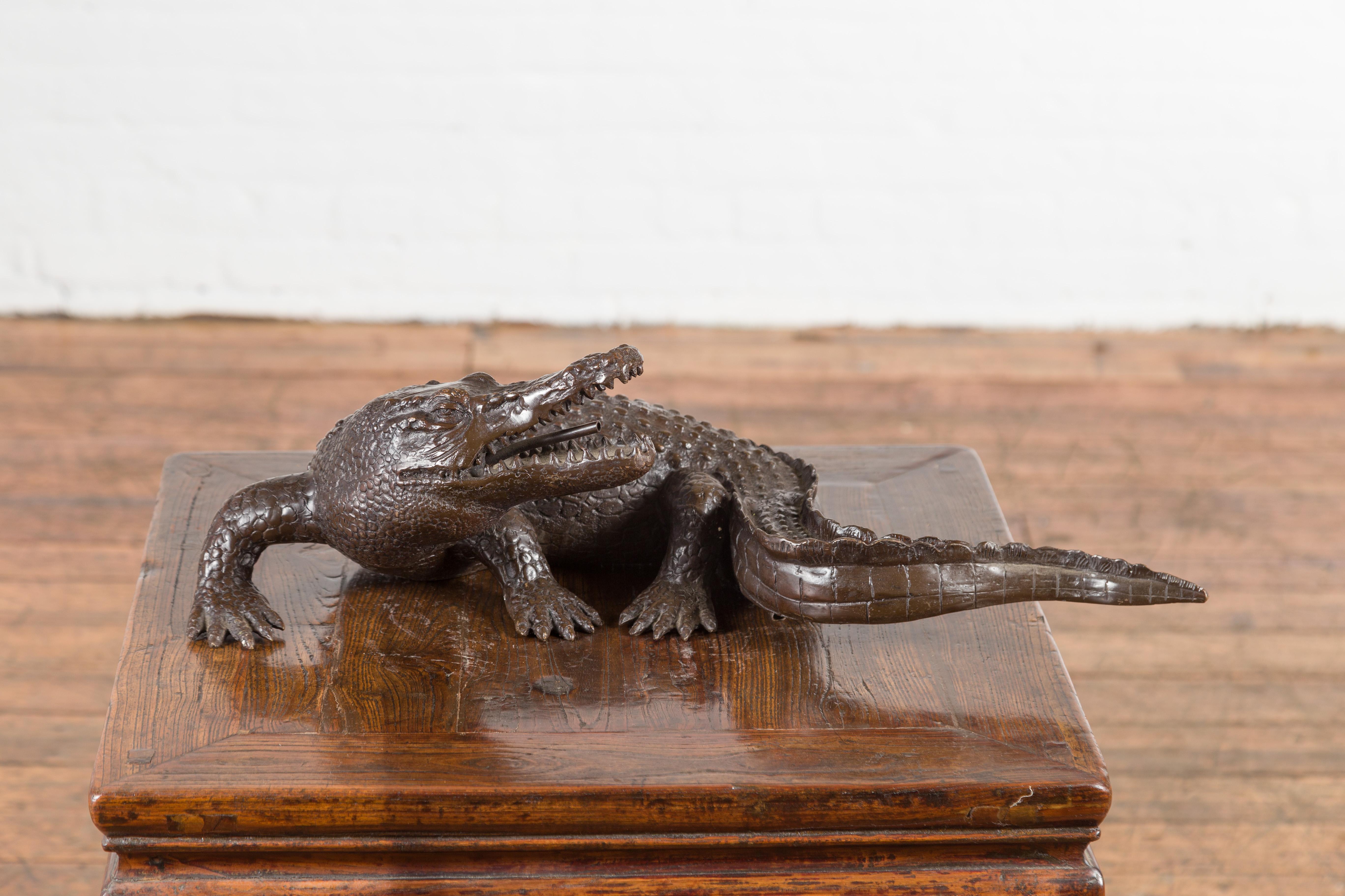 Tabletop Bronze Alligator Statue with Textured Scales For Sale 5