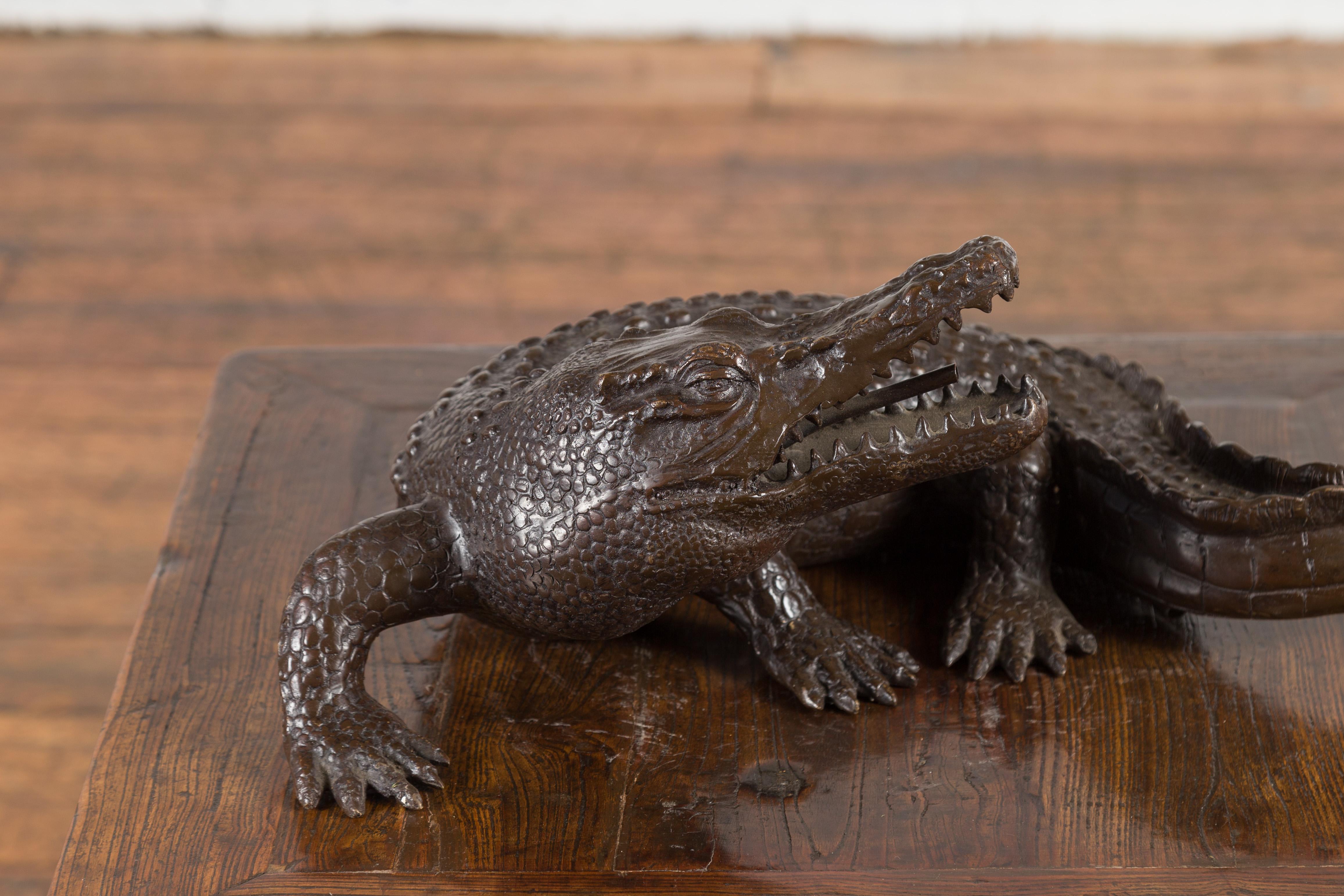 Cast Tabletop Bronze Alligator Statue with Textured Scales For Sale