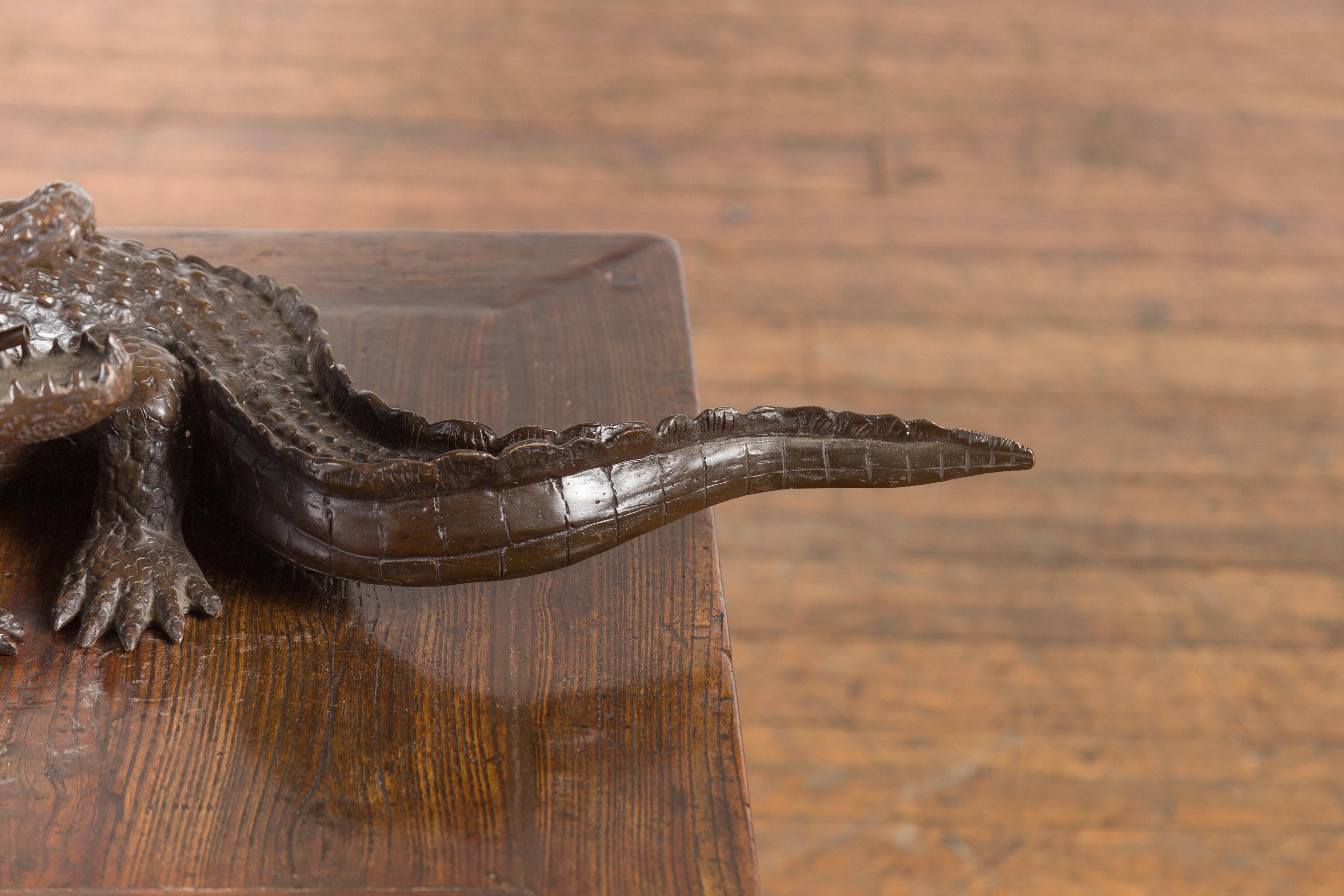 Tabletop Bronze Alligator Statue with Textured Scales In Good Condition For Sale In Yonkers, NY