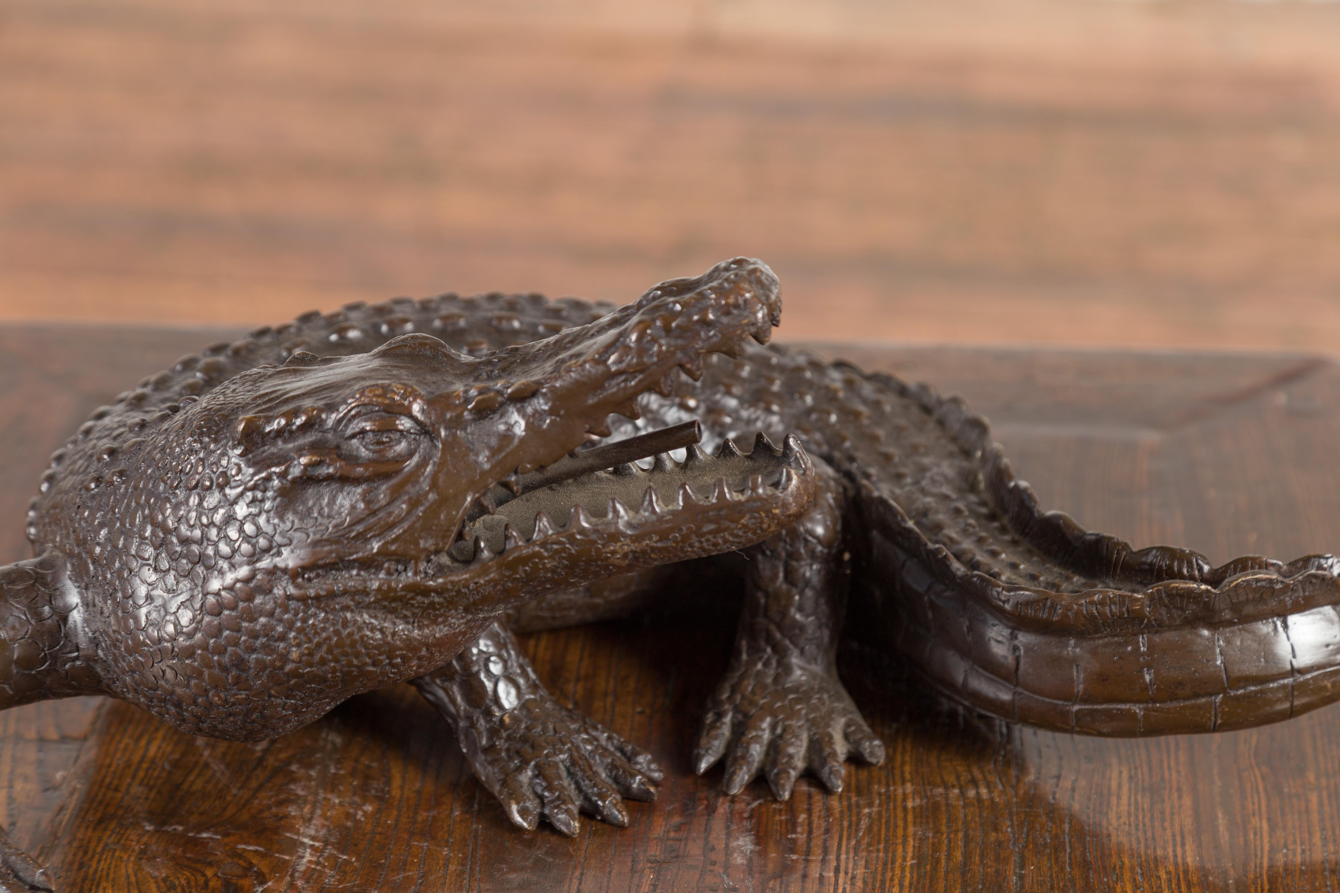 Contemporary Tabletop Bronze Alligator Statue with Textured Scales For Sale