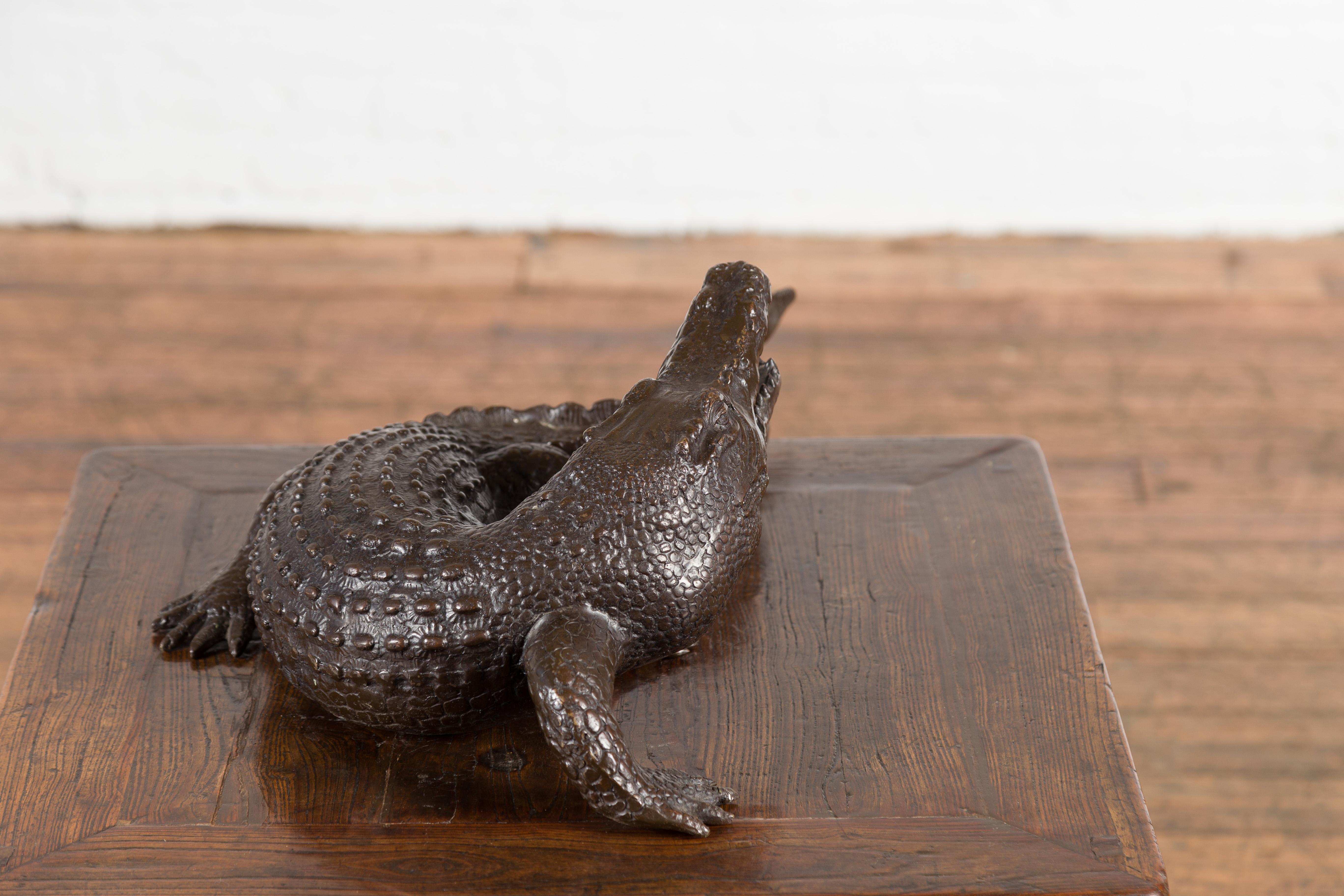 Tabletop Bronze Alligator Statue with Textured Scales For Sale 1
