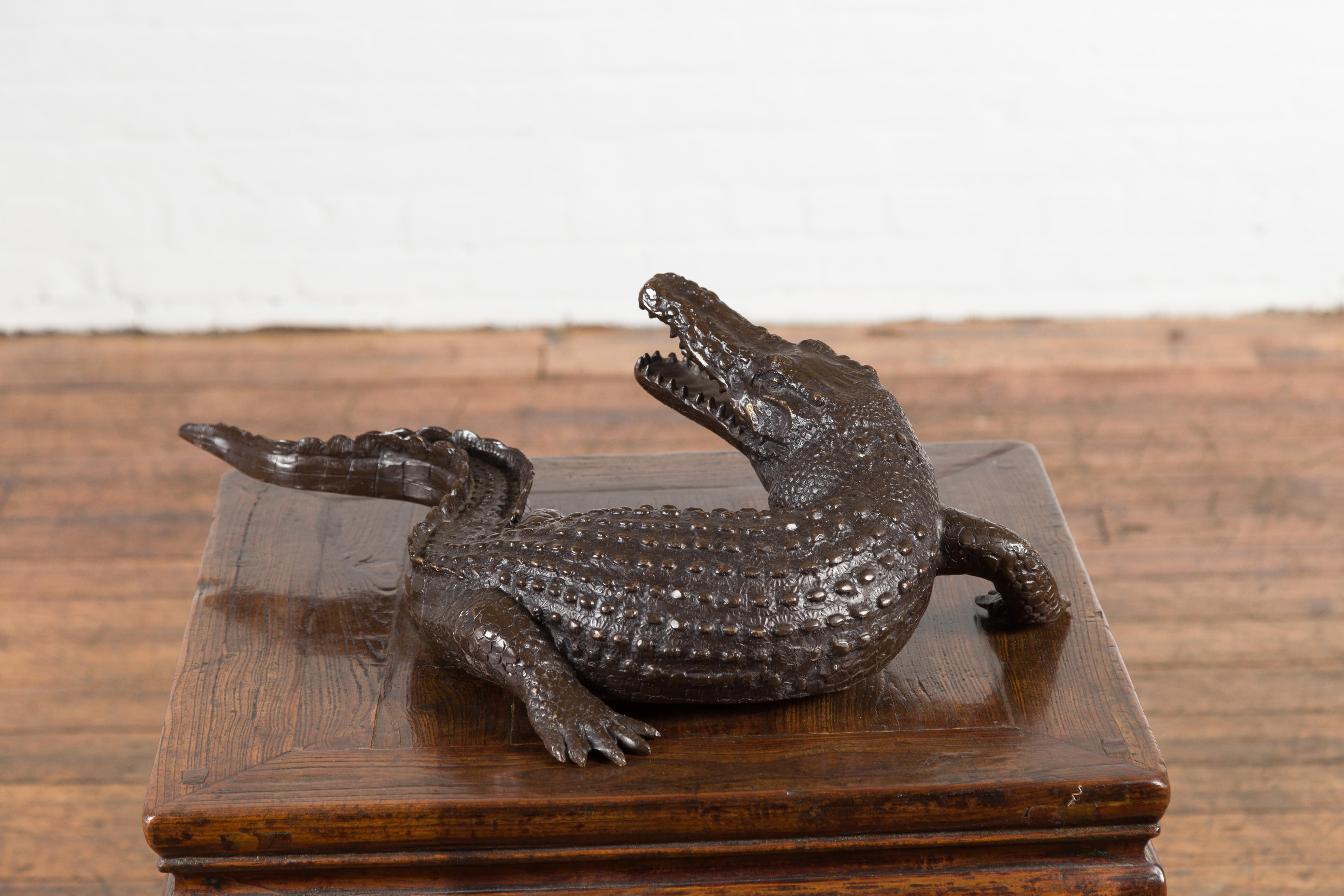 Tabletop Bronze Alligator Statue with Textured Scales For Sale 2