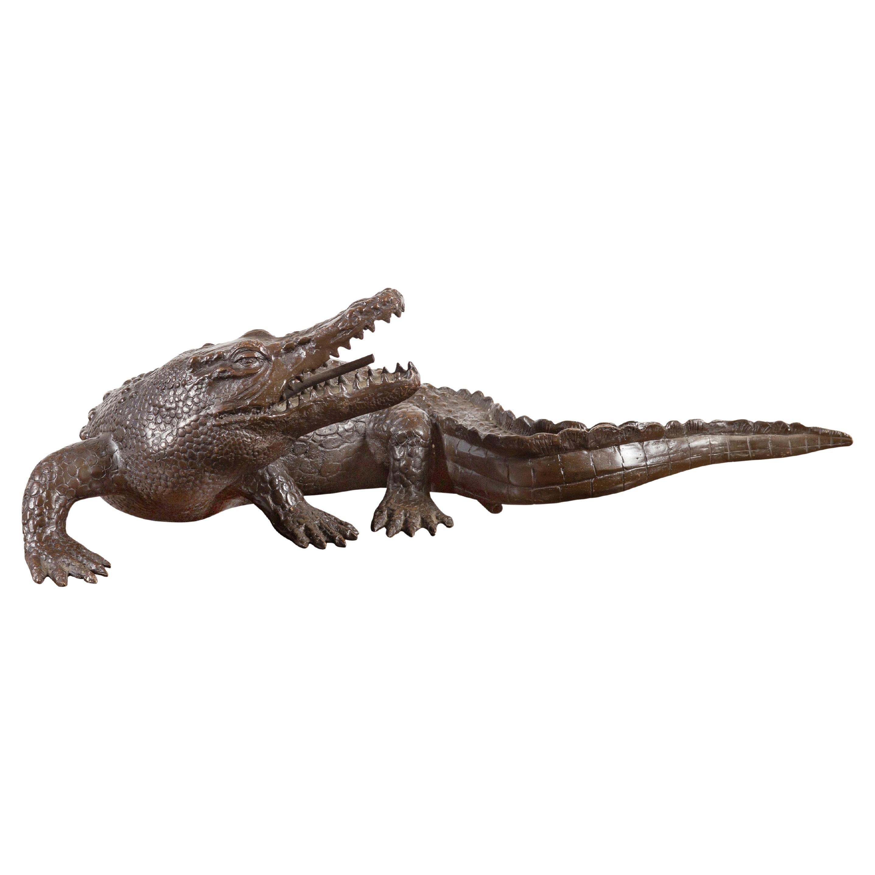Contemporary Lost Wax Cast Bronze Alligator Sculpture with Textured Scutes