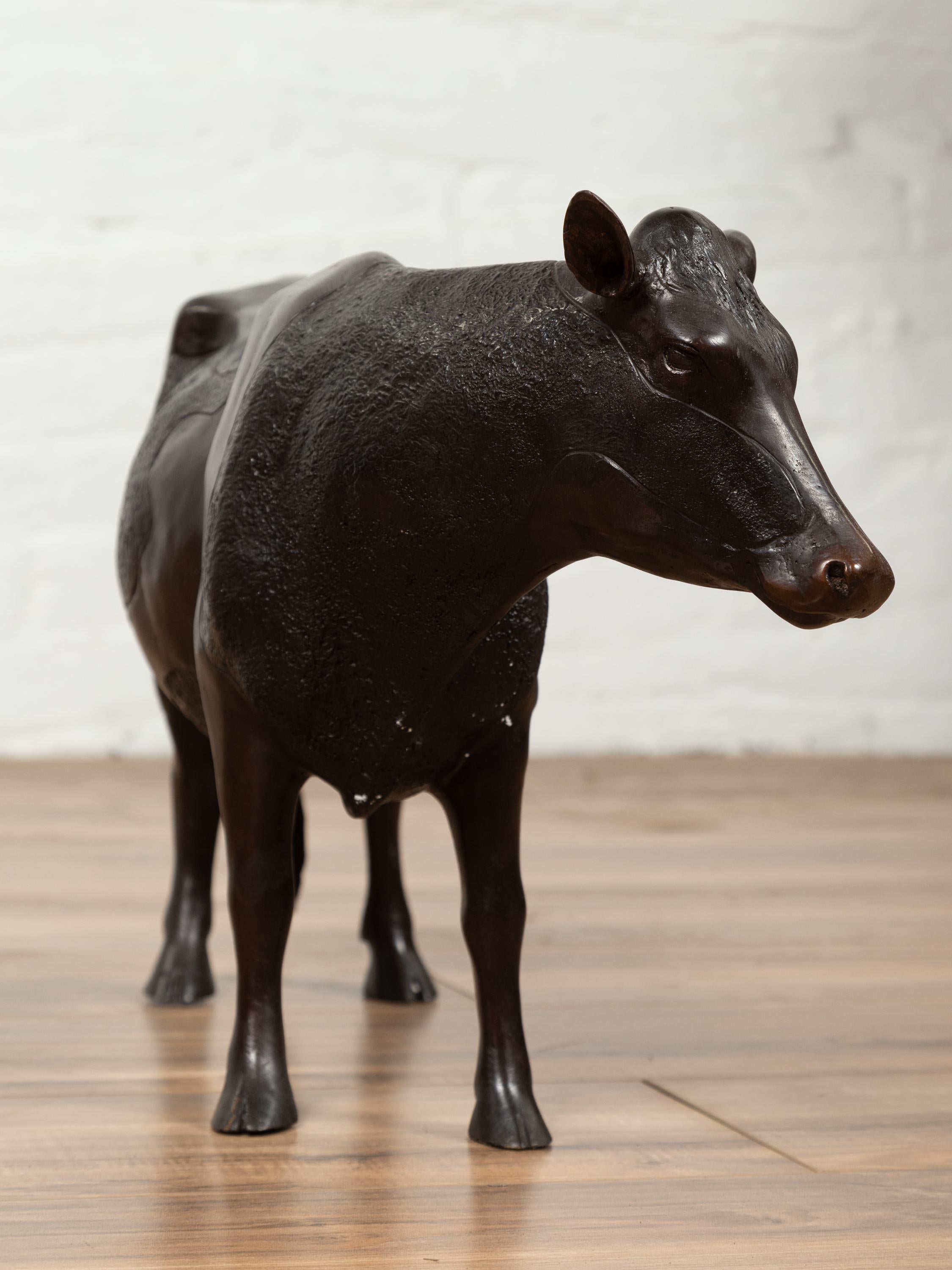 Contemporary Lost Wax Cast Bronze Custom Design Sculpture of a Holstein Cow For Sale 4
