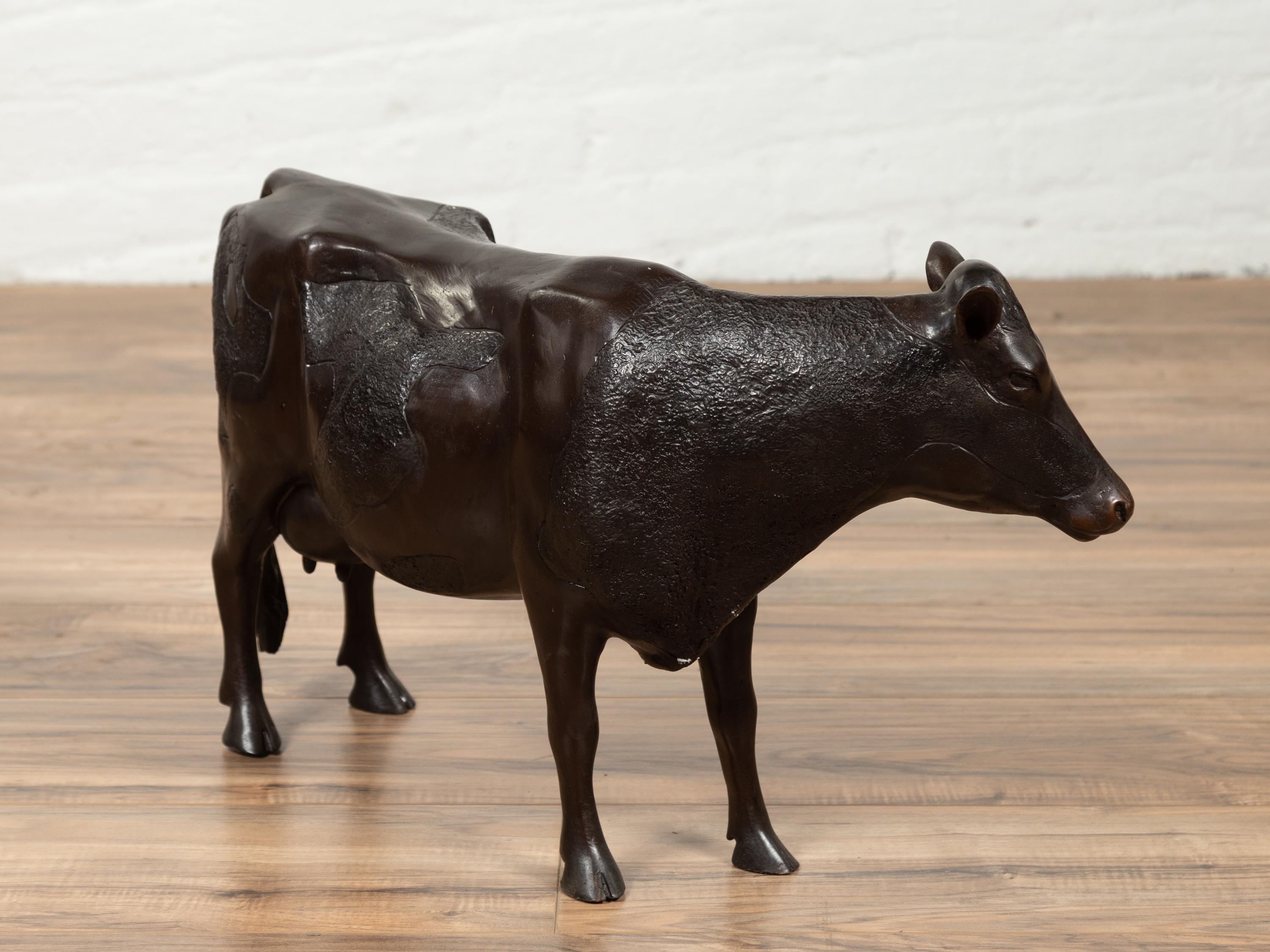 Contemporary Lost Wax Cast Bronze Custom Design Sculpture of a Holstein Cow For Sale 6