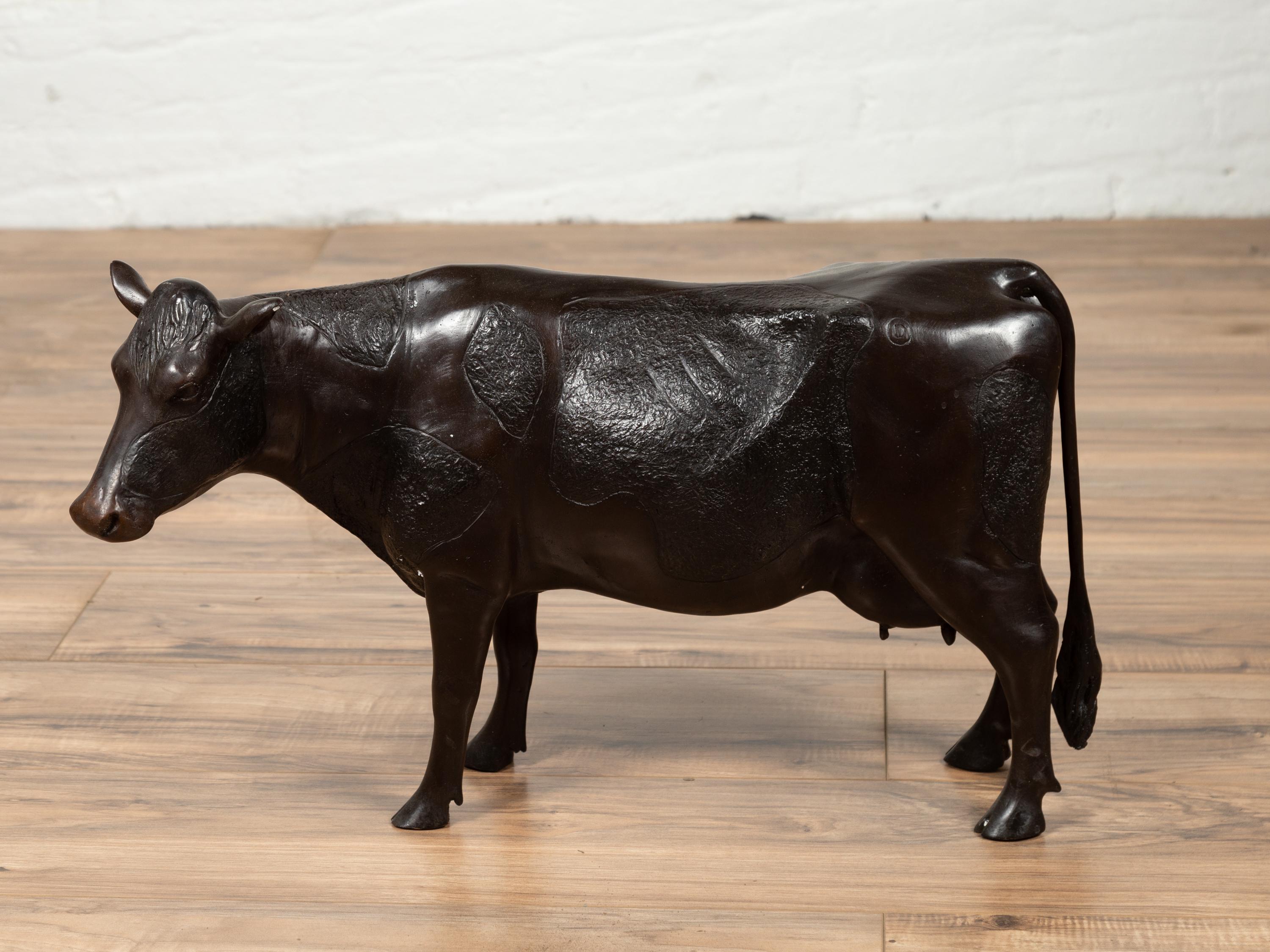 Contemporary Lost Wax Cast Bronze Custom Design Sculpture of a Holstein Cow For Sale 2