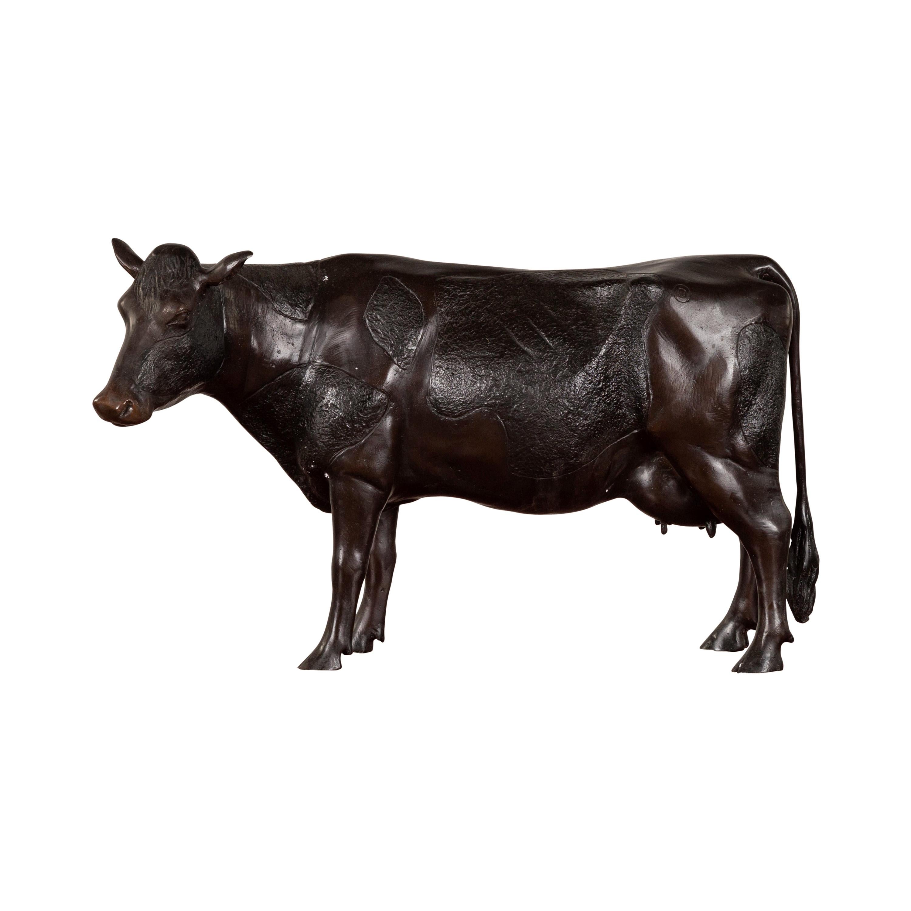 Contemporary Lost Wax Cast Bronze Custom Design Sculpture of a Holstein Cow