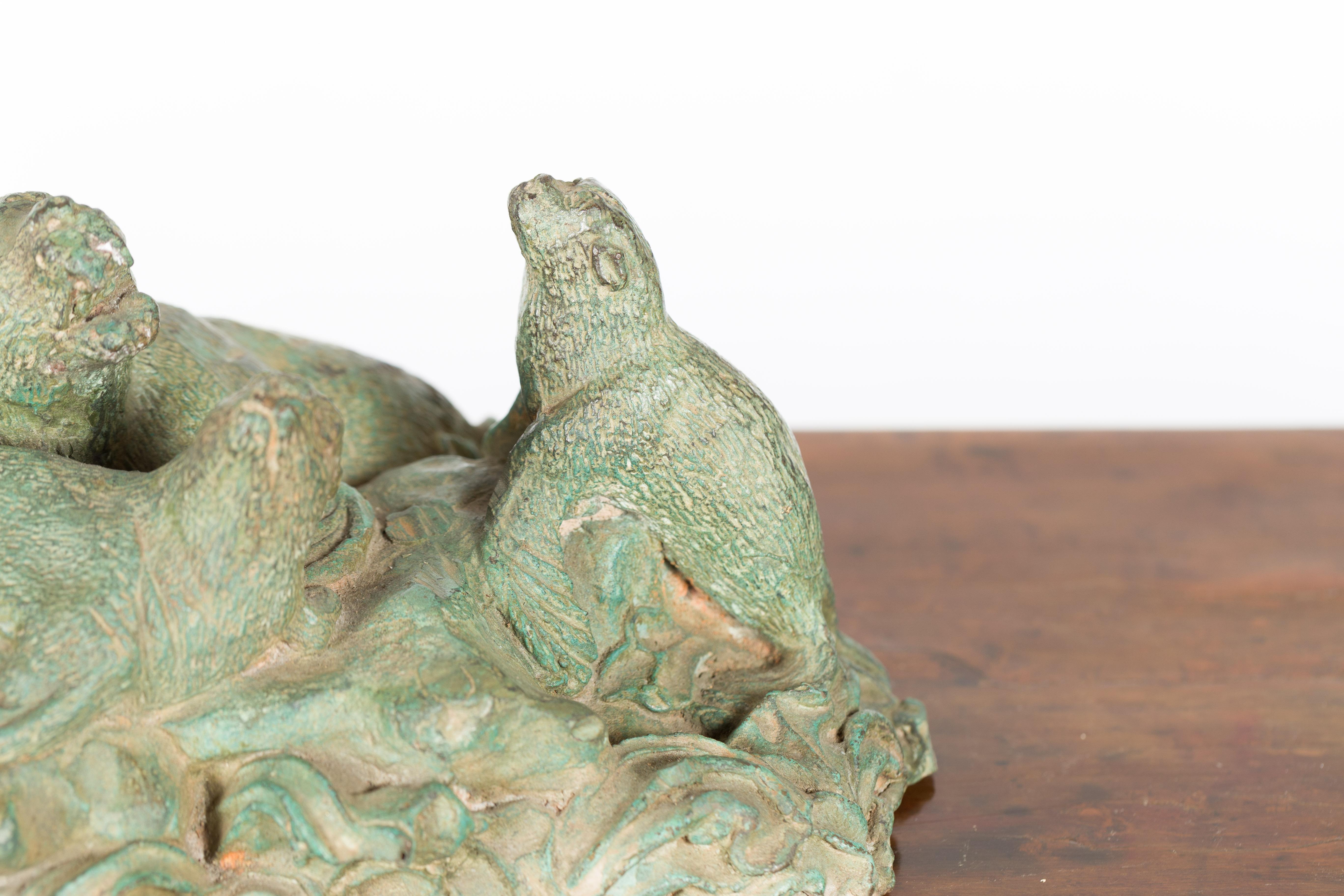 Contemporary Lost Wax Cast Bronze Sea Lion Sculpted Group with Verde Patina For Sale 2