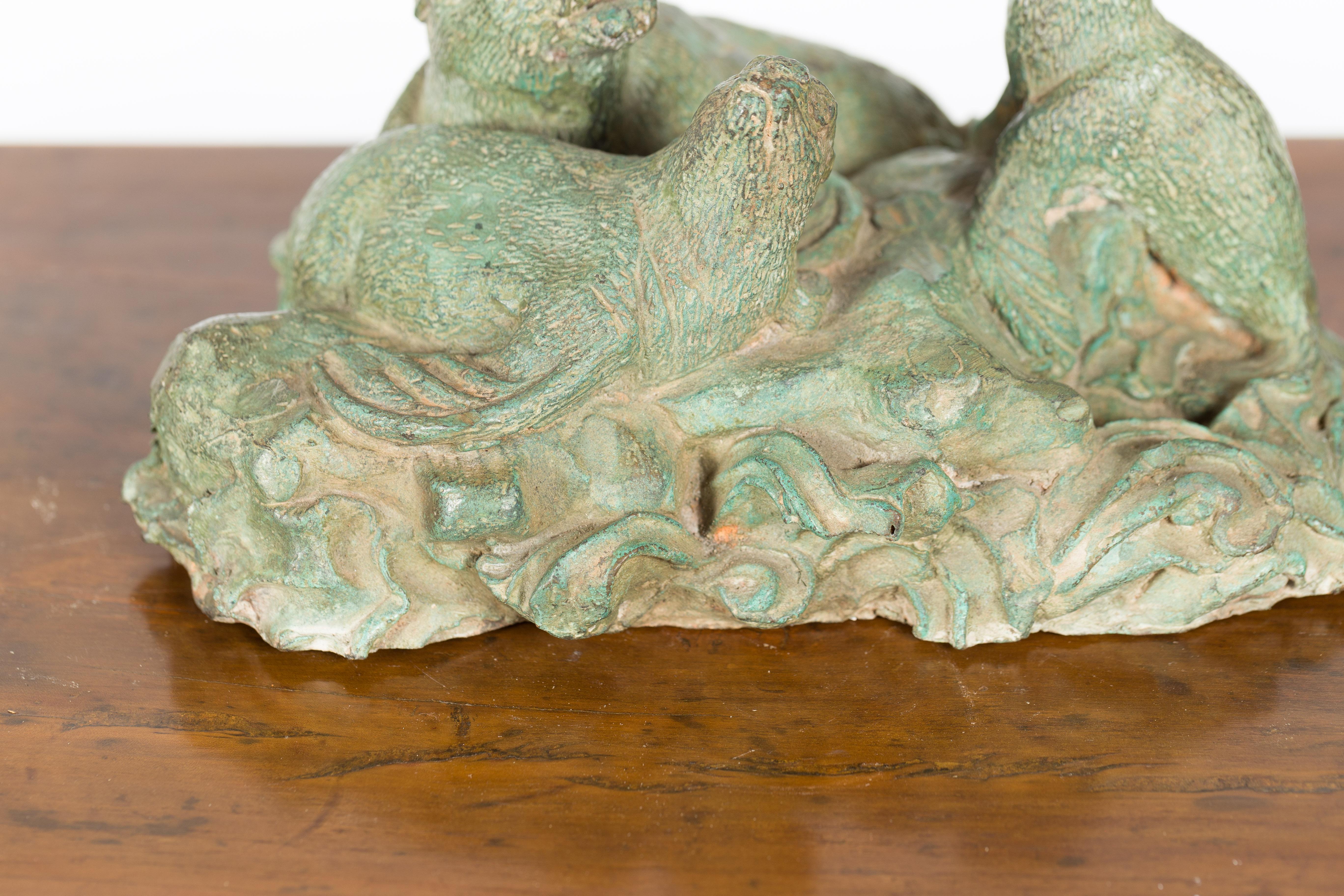 Contemporary Lost Wax Cast Bronze Sea Lion Sculpted Group with Verde Patina For Sale 3