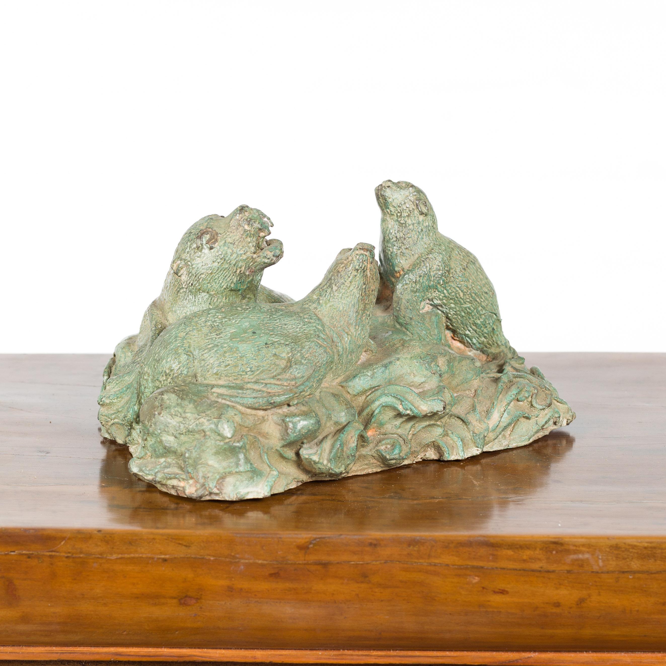 Contemporary Lost Wax Cast Bronze Sea Lion Sculpted Group with Verde Patina For Sale 4