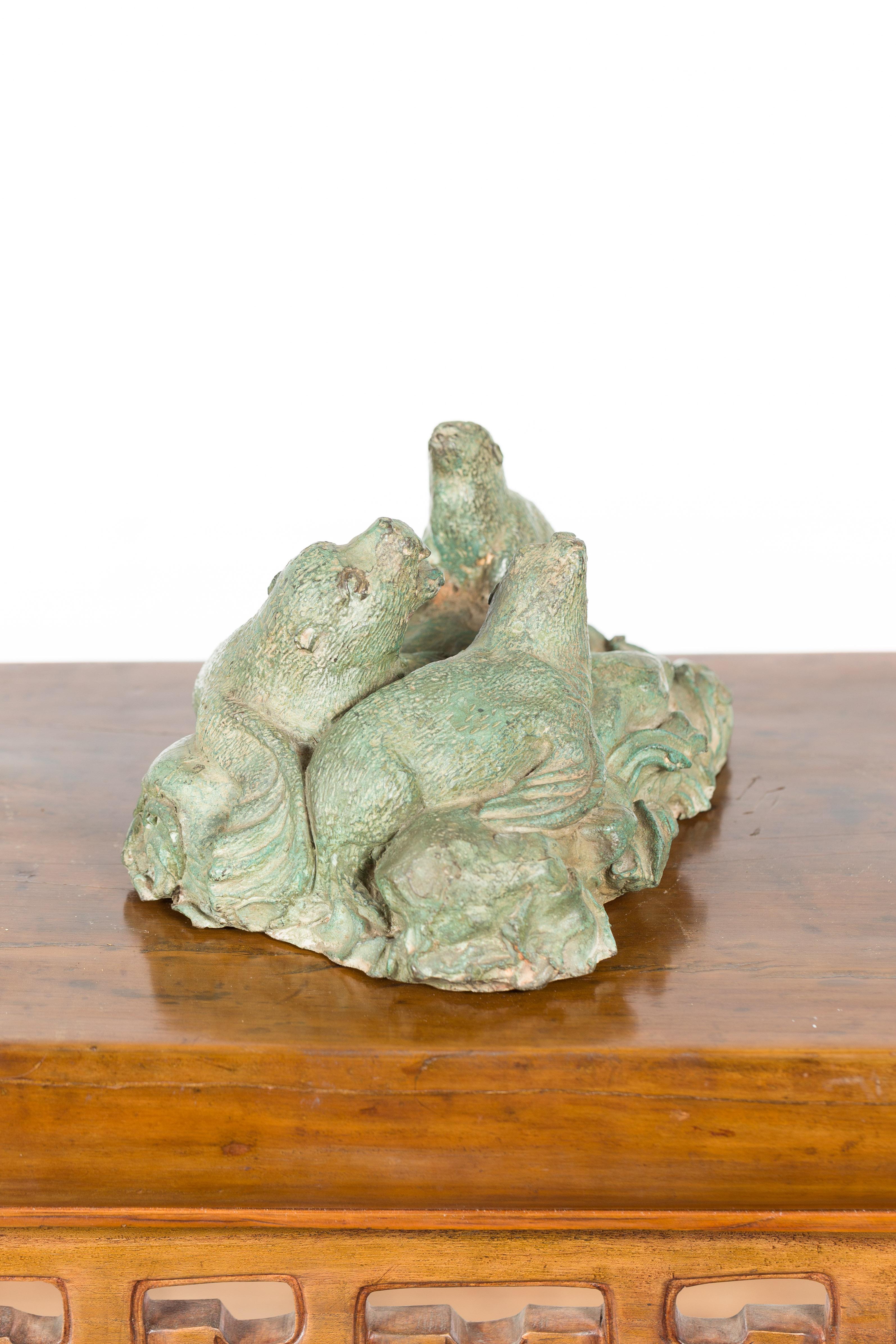 Contemporary Lost Wax Cast Bronze Sea Lion Sculpted Group with Verde Patina For Sale 5
