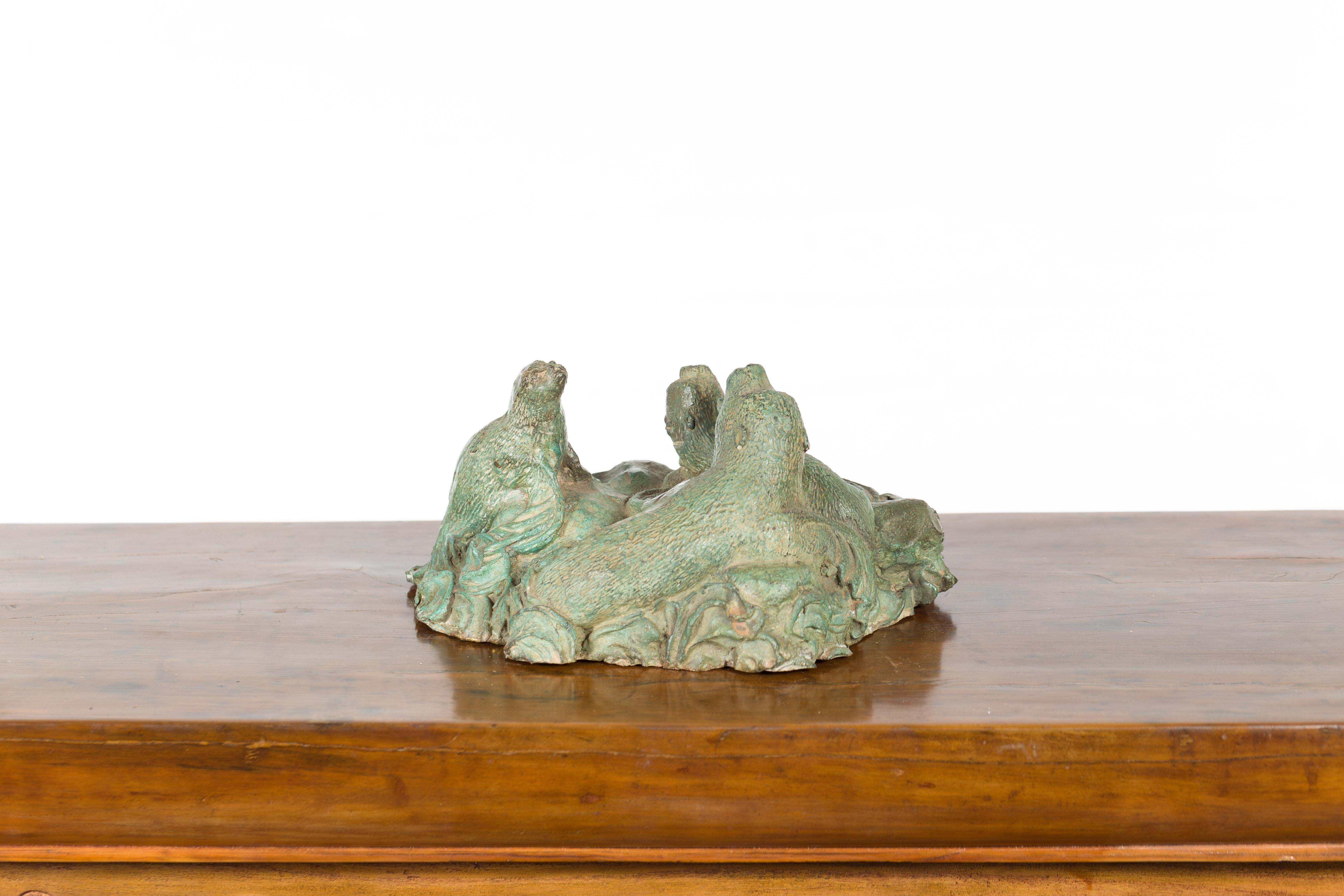 Contemporary Lost Wax Cast Bronze Sea Lion Sculpted Group with Verde Patina For Sale 6