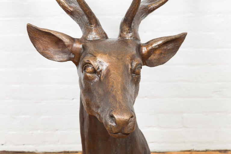 Contemporary Lost Wax Cast Bronze Stag Head Sculpture with Large Antlers In Excellent Condition In Yonkers, NY