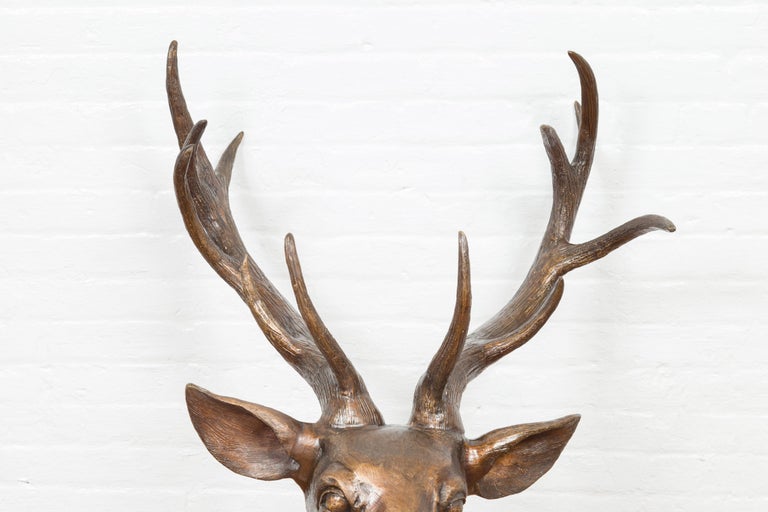 Contemporary Lost Wax Cast Bronze Stag Head Sculpture with Large Antlers 1