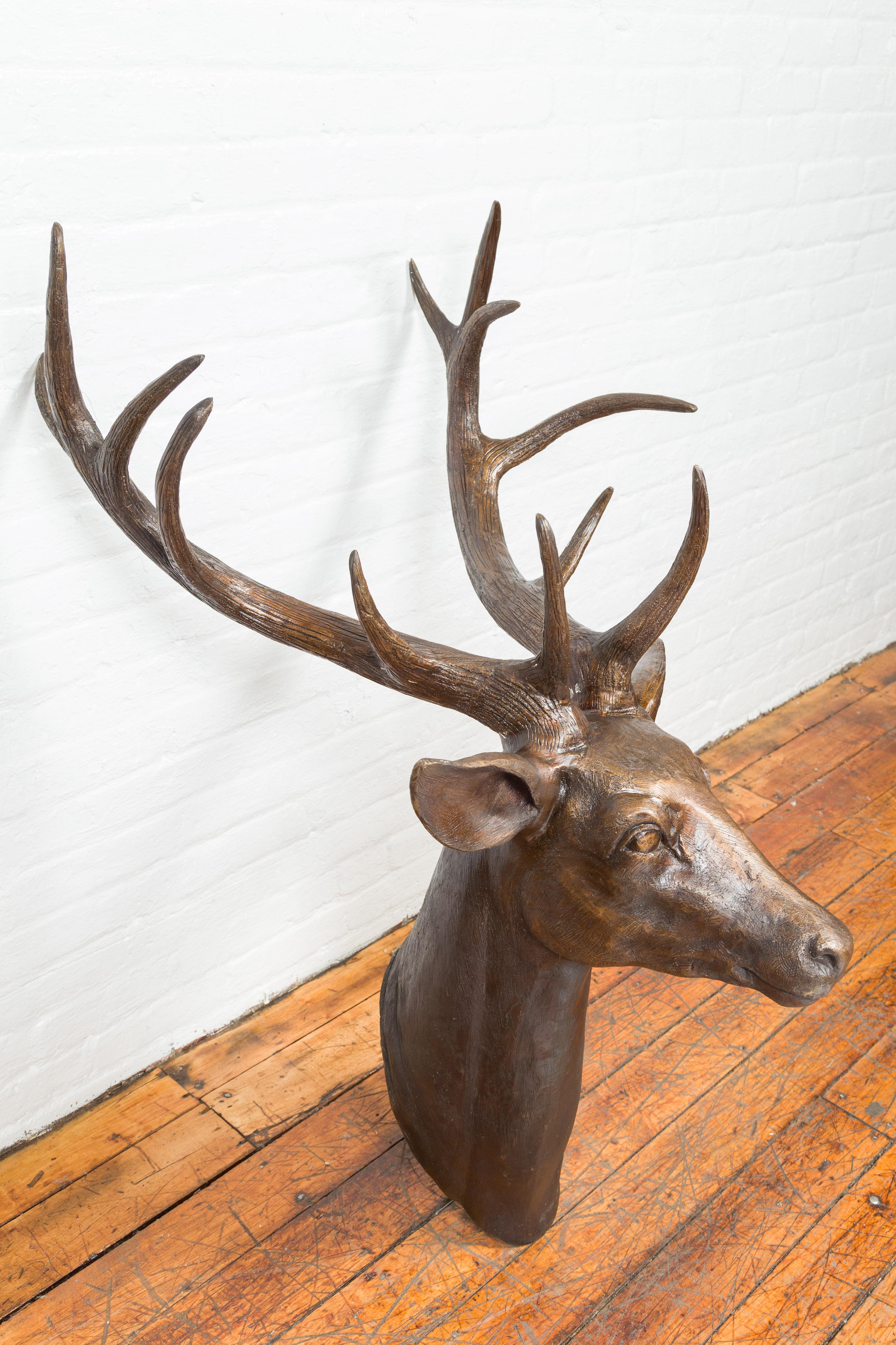 Contemporary Lost Wax Cast Bronze Stag Head Sculpture with Large Antlers In Excellent Condition In Yonkers, NY