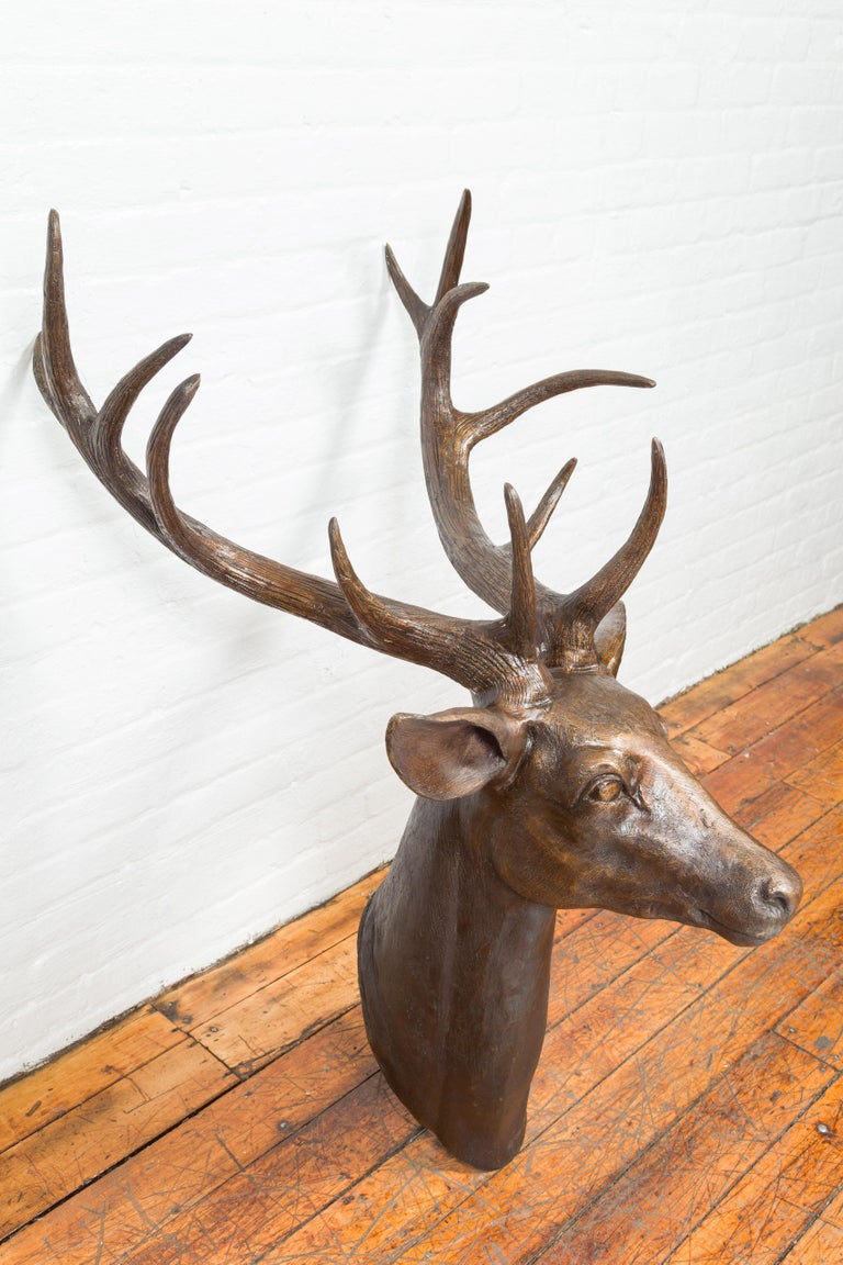 Contemporary Lost Wax Cast Bronze Stag Head Sculpture with Large Antlers 3