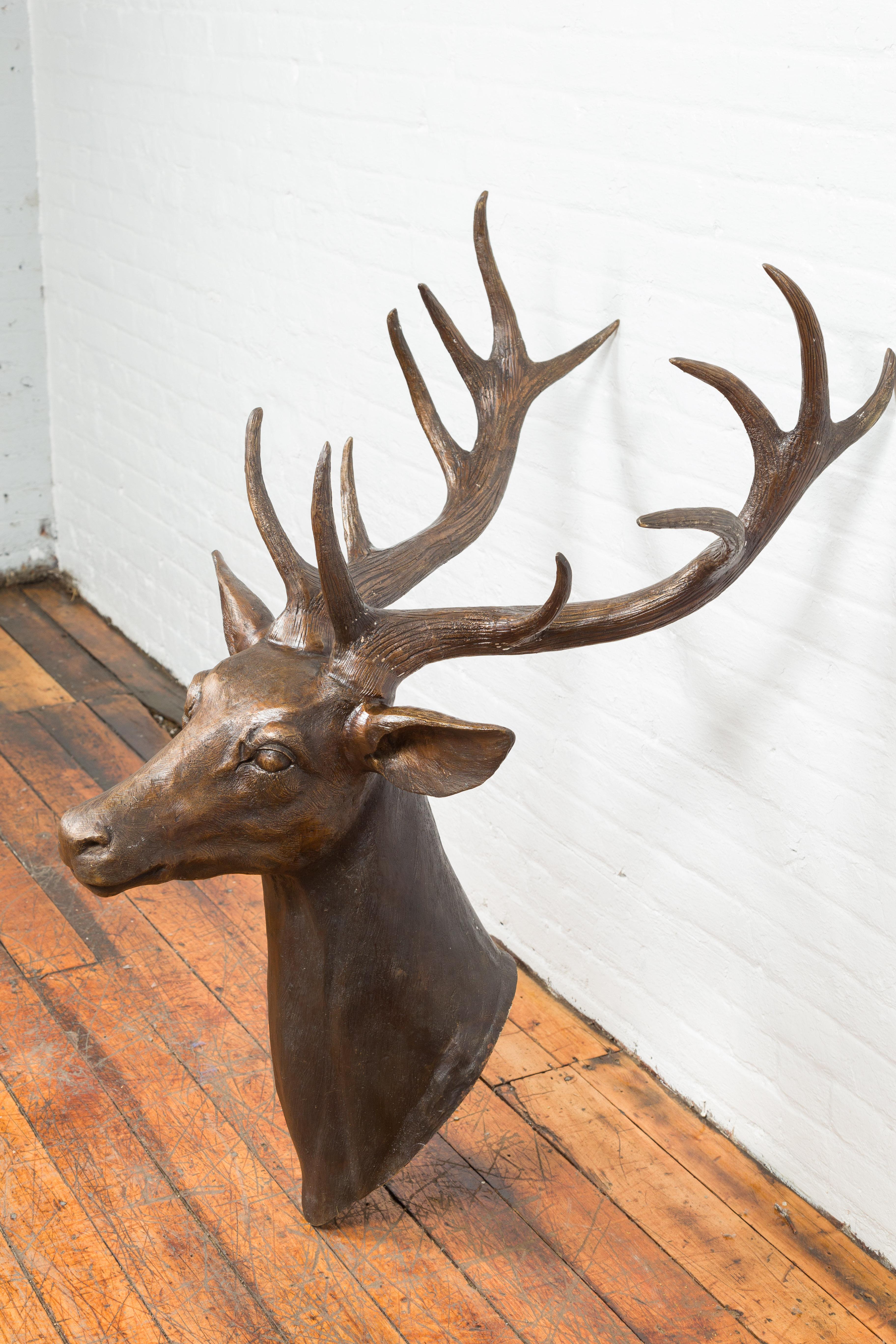 Contemporary Lost Wax Cast Bronze Stag Head Sculpture with Large Antlers 1