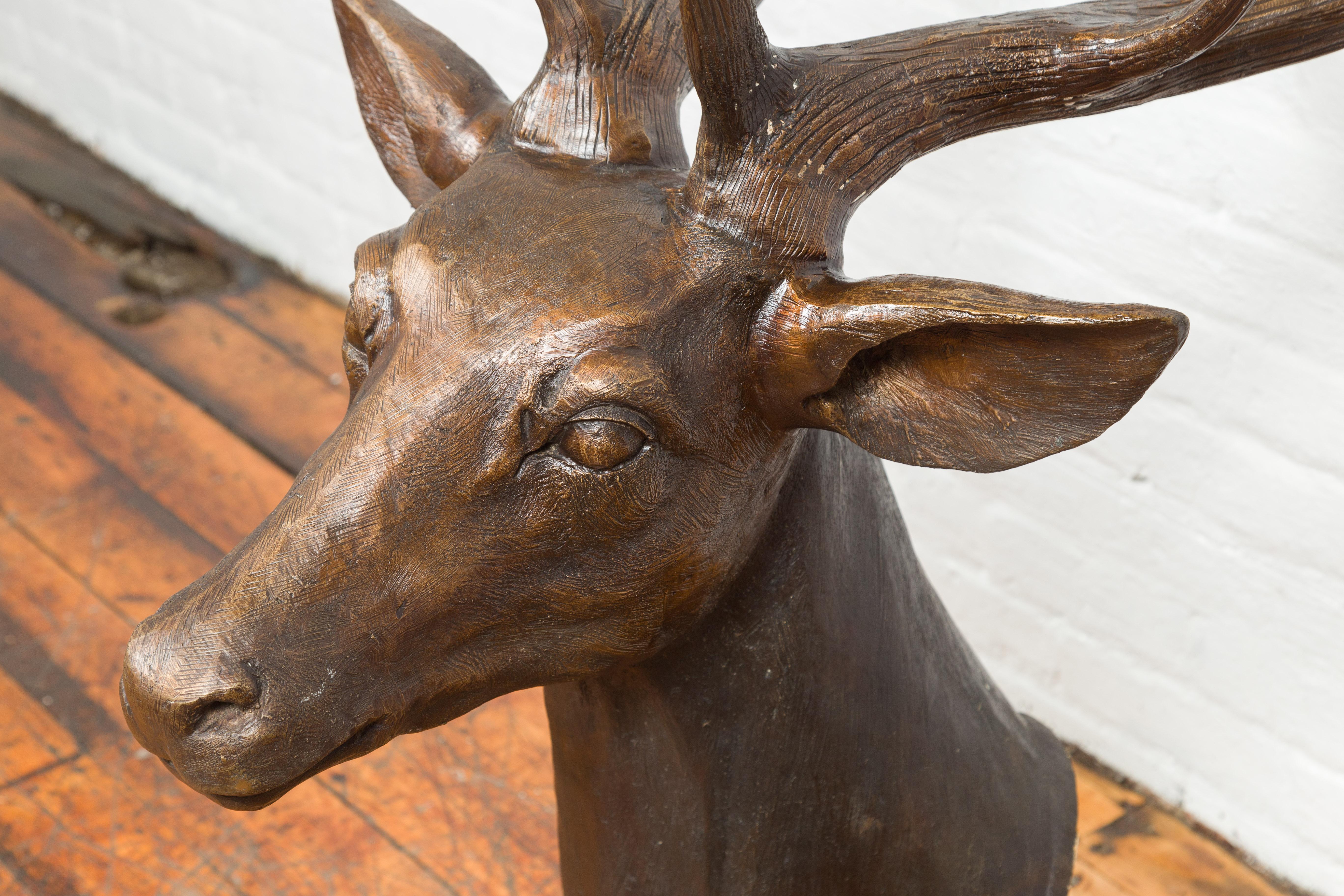 Contemporary Lost Wax Cast Bronze Stag Head Sculpture with Large Antlers 2