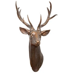 Contemporary Lost Wax Cast Bronze Stag Head Sculpture with Large Antlers
