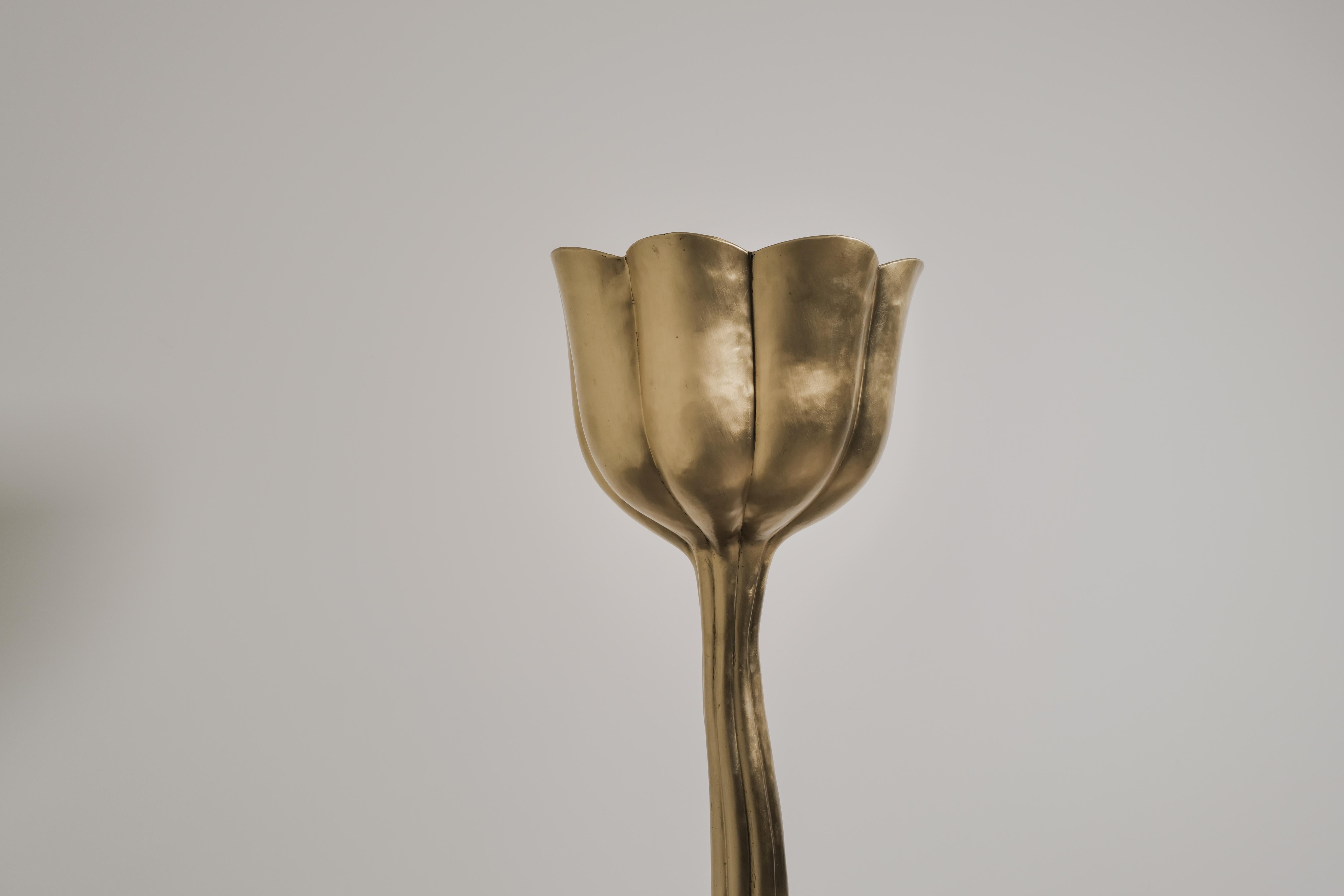 Contemporary Lotus Pod Torchiere in Repoussé Brass by Robert Kuo, Limited In New Condition For Sale In Los Angeles, CA