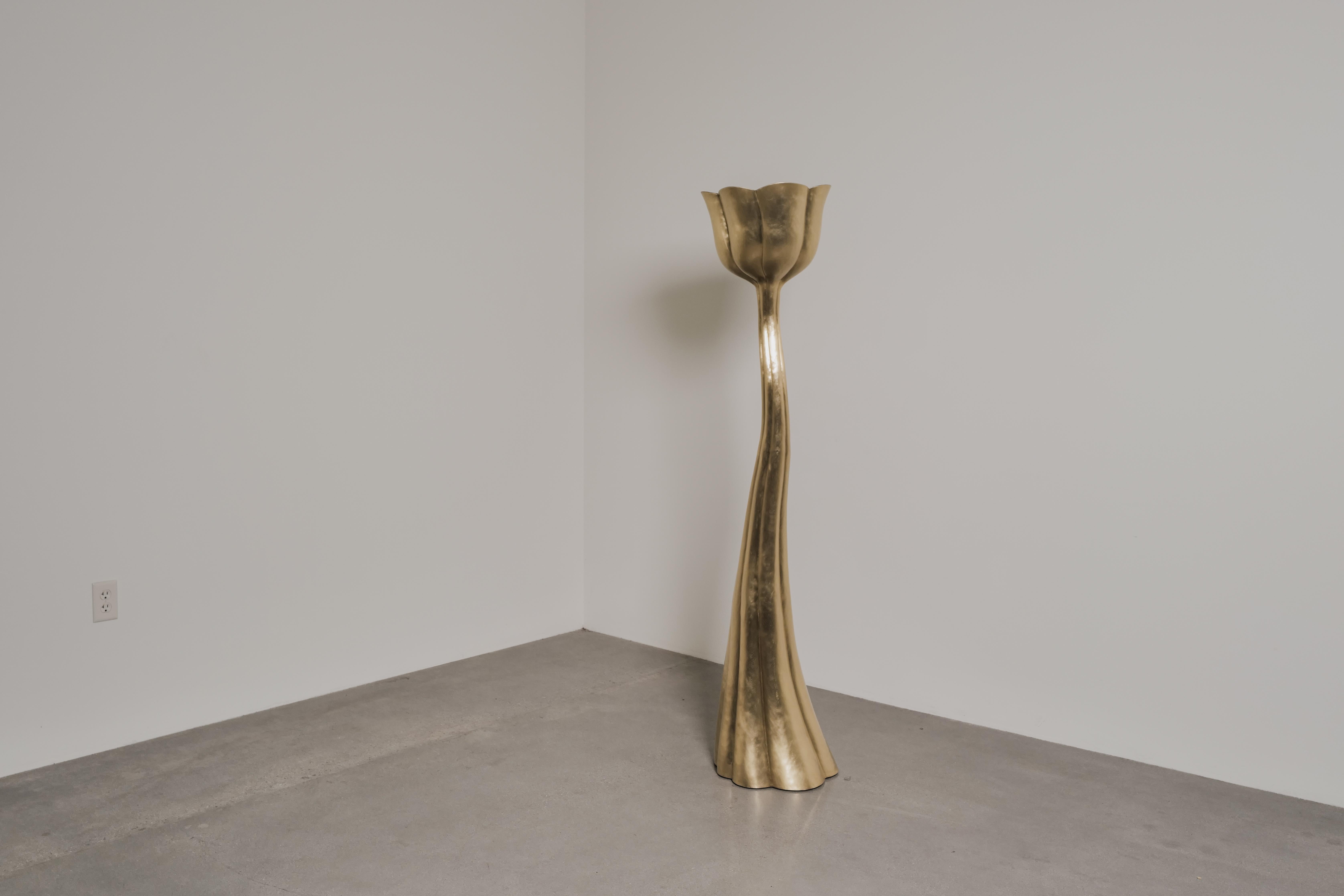 Contemporary Lotus Pod Torchiere in Repoussé Brass by Robert Kuo, Limited For Sale 2