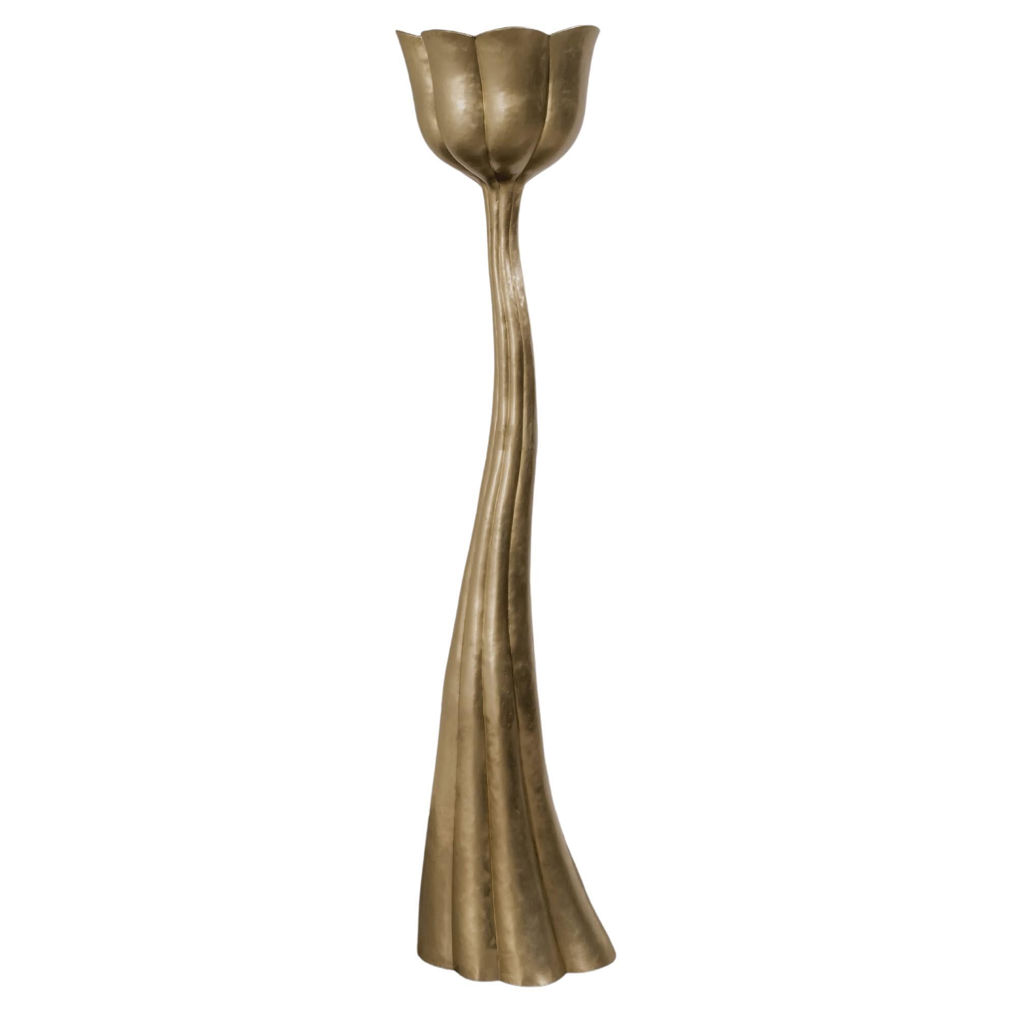 Contemporary Lotus Pod Torchiere in Repoussé Brass by Robert Kuo, Limited For Sale