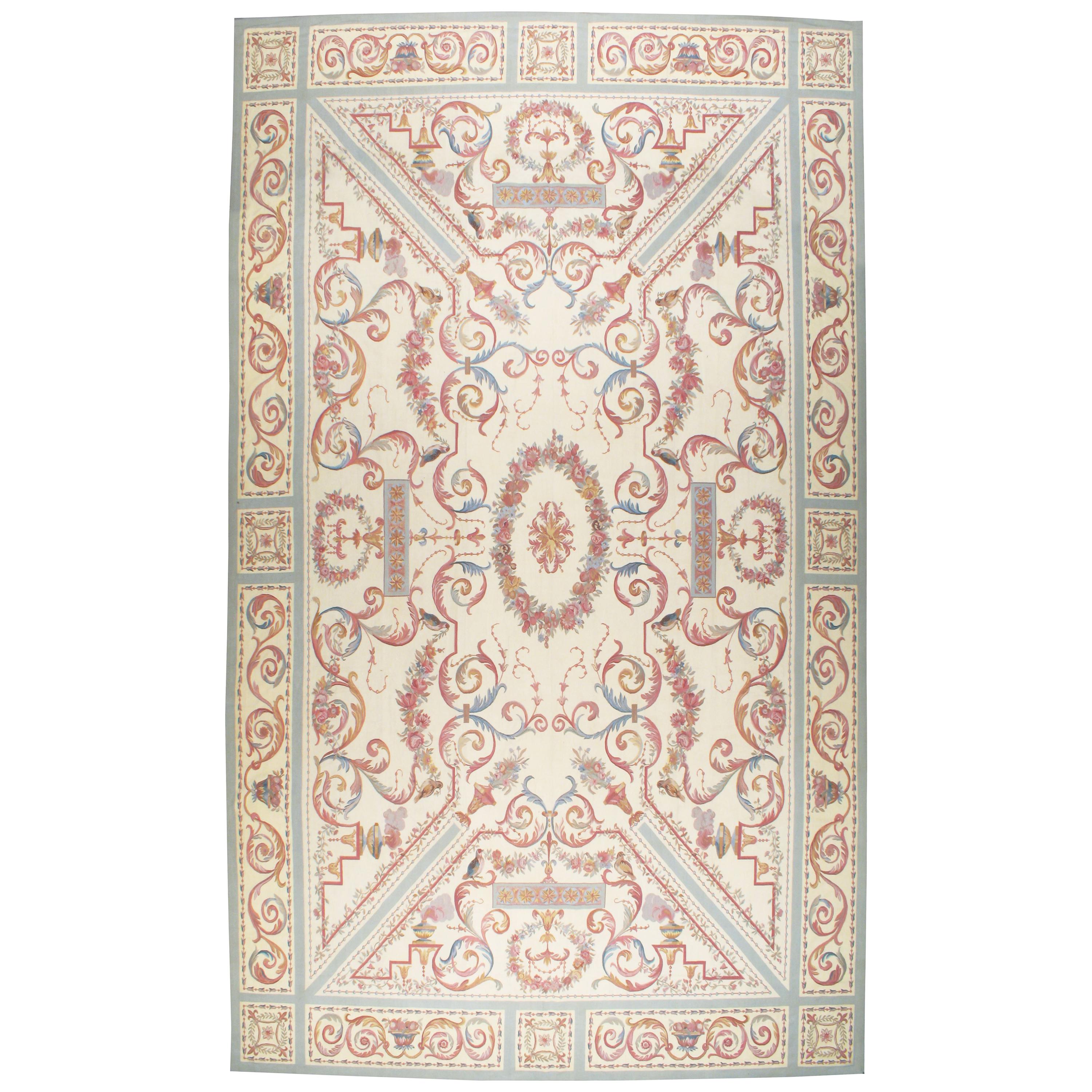 Aubusson contemporaneo in stile Luigi XV in avorio, rosa, blu e grigio in vendita