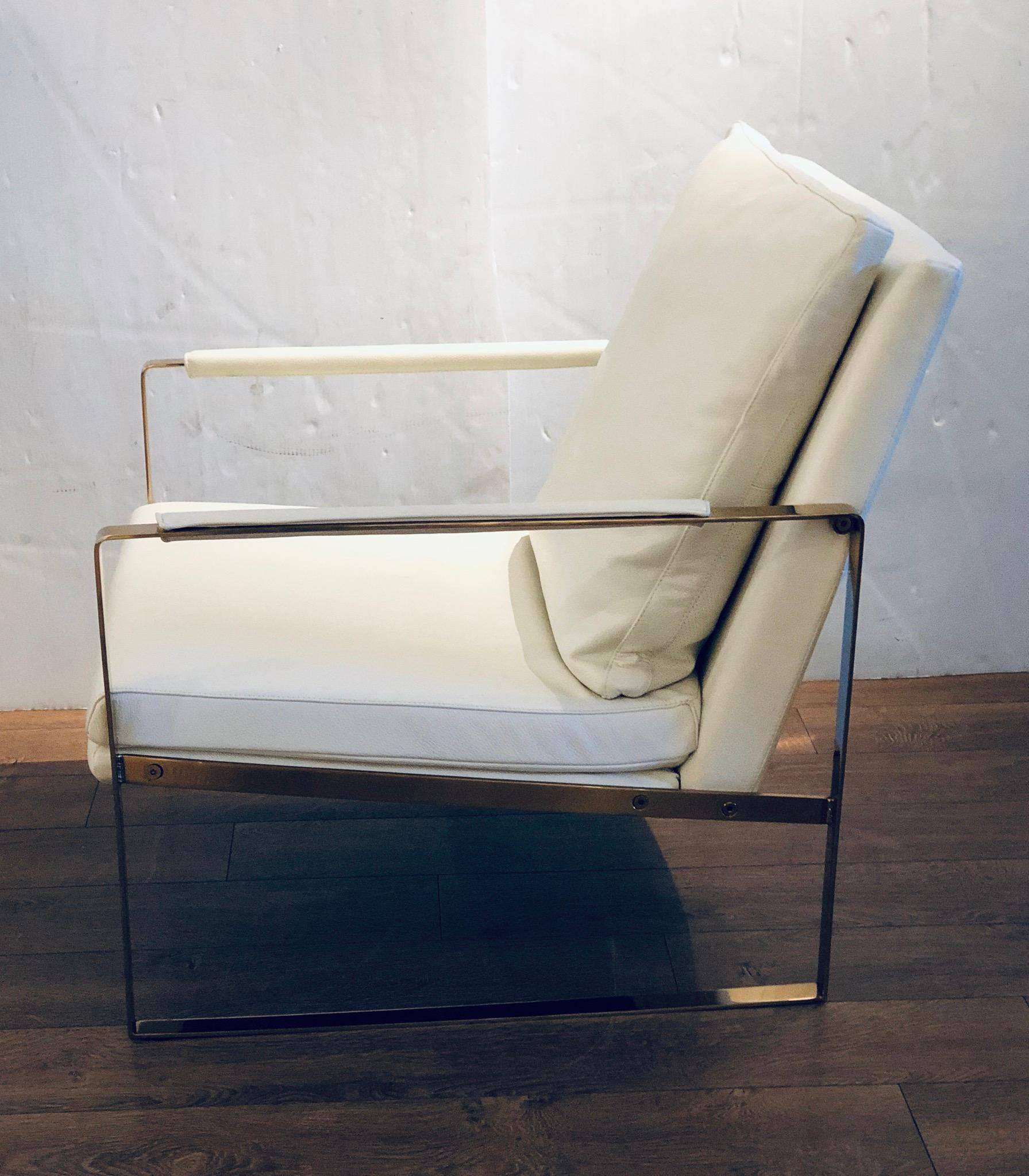 Modern Contemporary Lounge Armchair in Leather and Brass-Plated Frame Steel