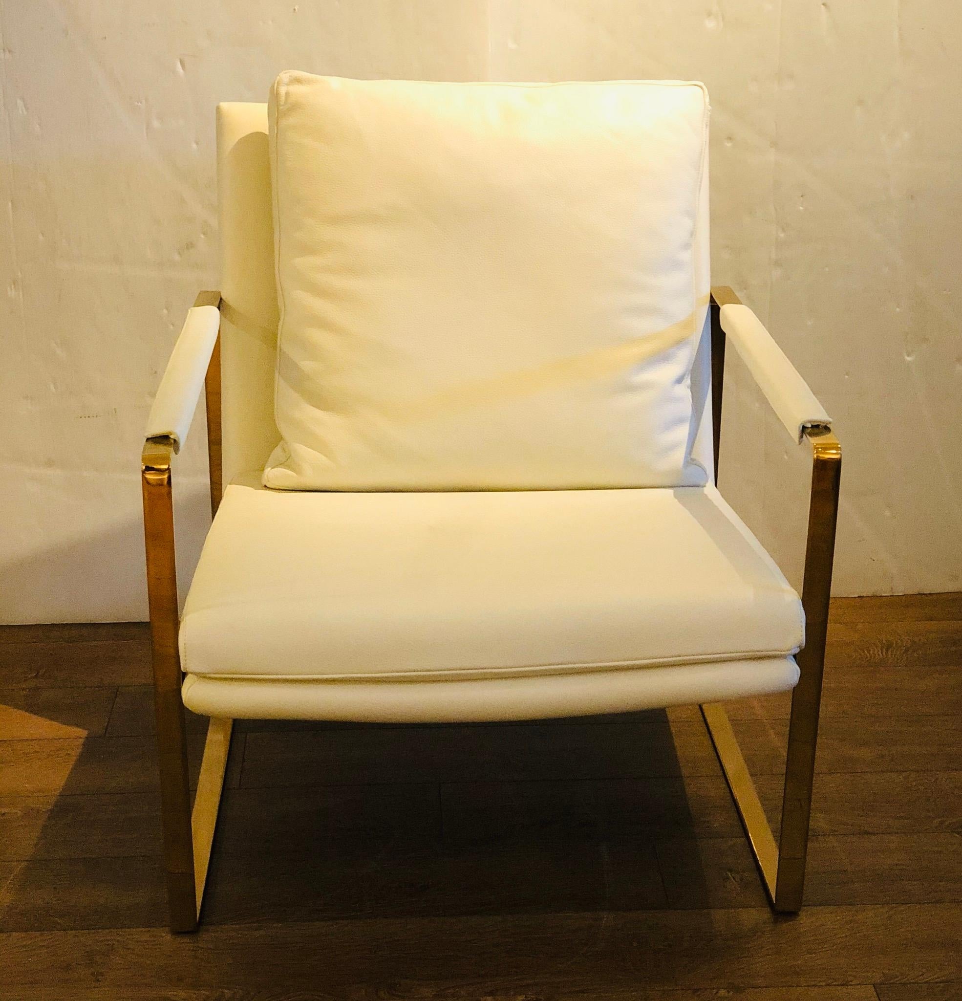 American Contemporary Lounge Armchair in Leather and Brass-Plated Frame Steel