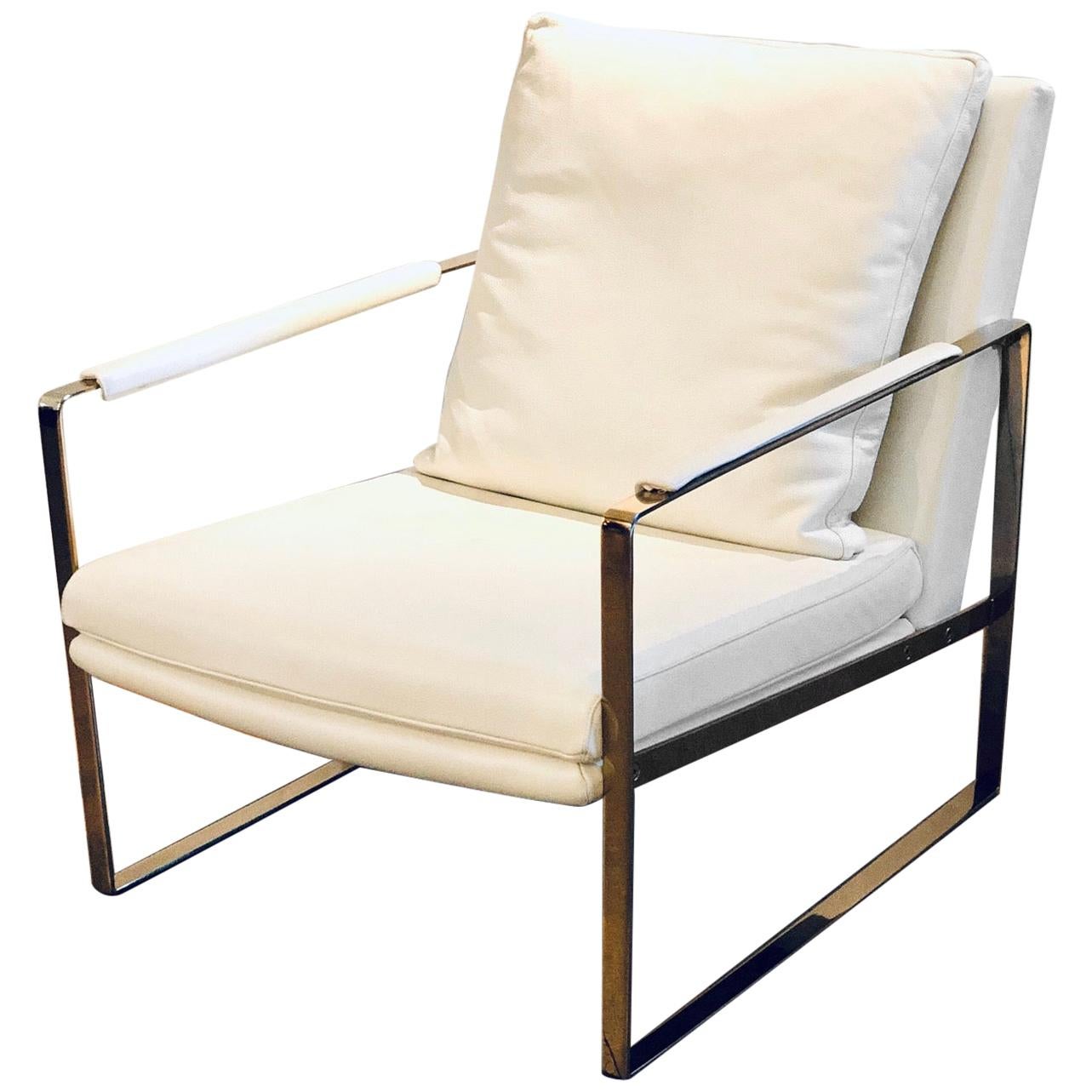 Contemporary Lounge Armchair in Leather and Brass-Plated Frame Steel