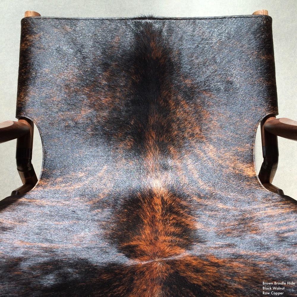 Organic Modern Contemporary Lounge Chair, Black Walnut, Brown Brindle Hide and Raw Copper For Sale