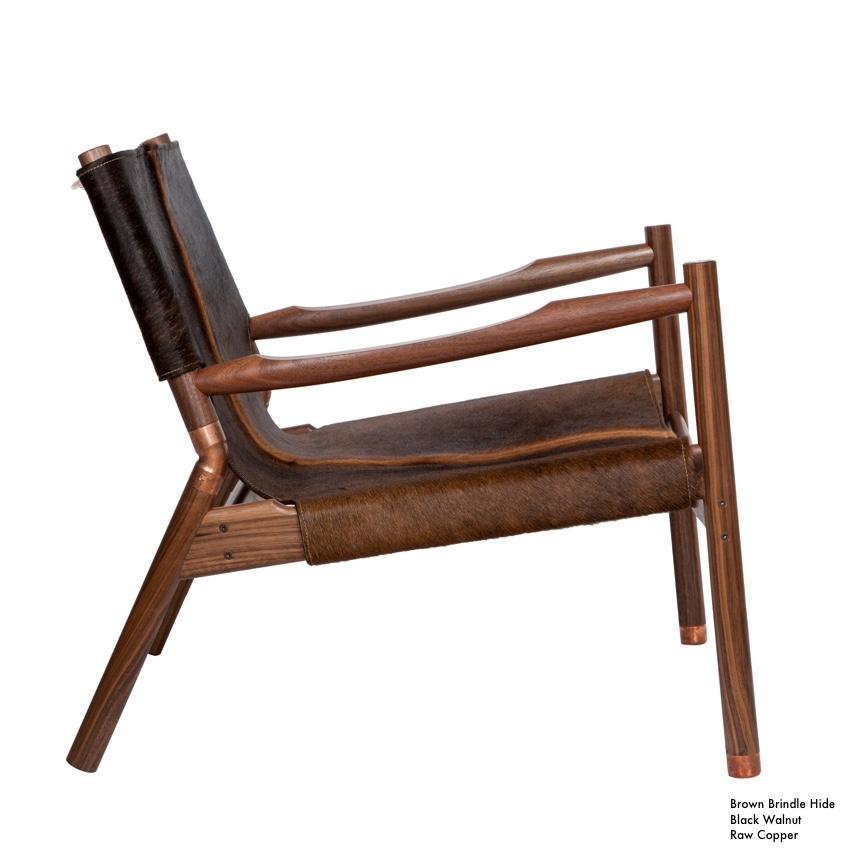 American Contemporary Lounge Chair, Black Walnut, Matte Black Buffalo and Raw Copper For Sale