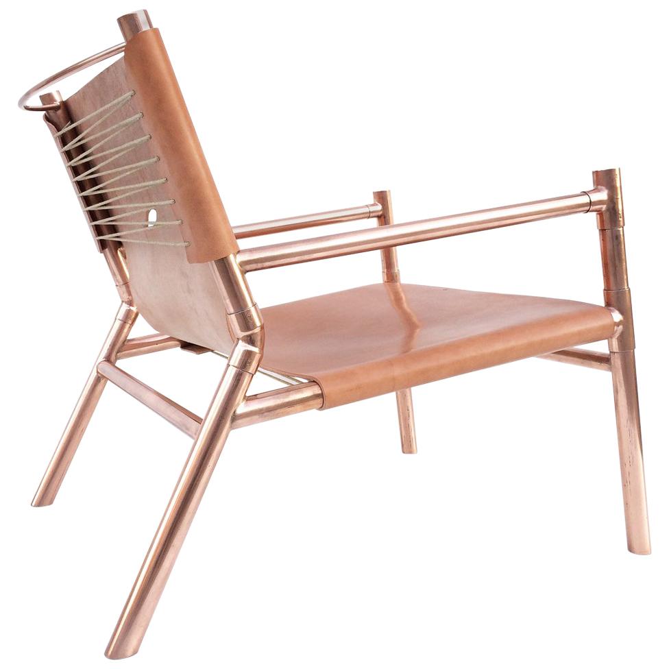 Contemporary Lounge Chair, Cerused White Oak, Nude Saddle Leather and Raw Copper For Sale