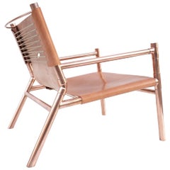 Contemporary Lounge Chair, Cerused White Oak, Nude Saddle Leather and Raw Copper